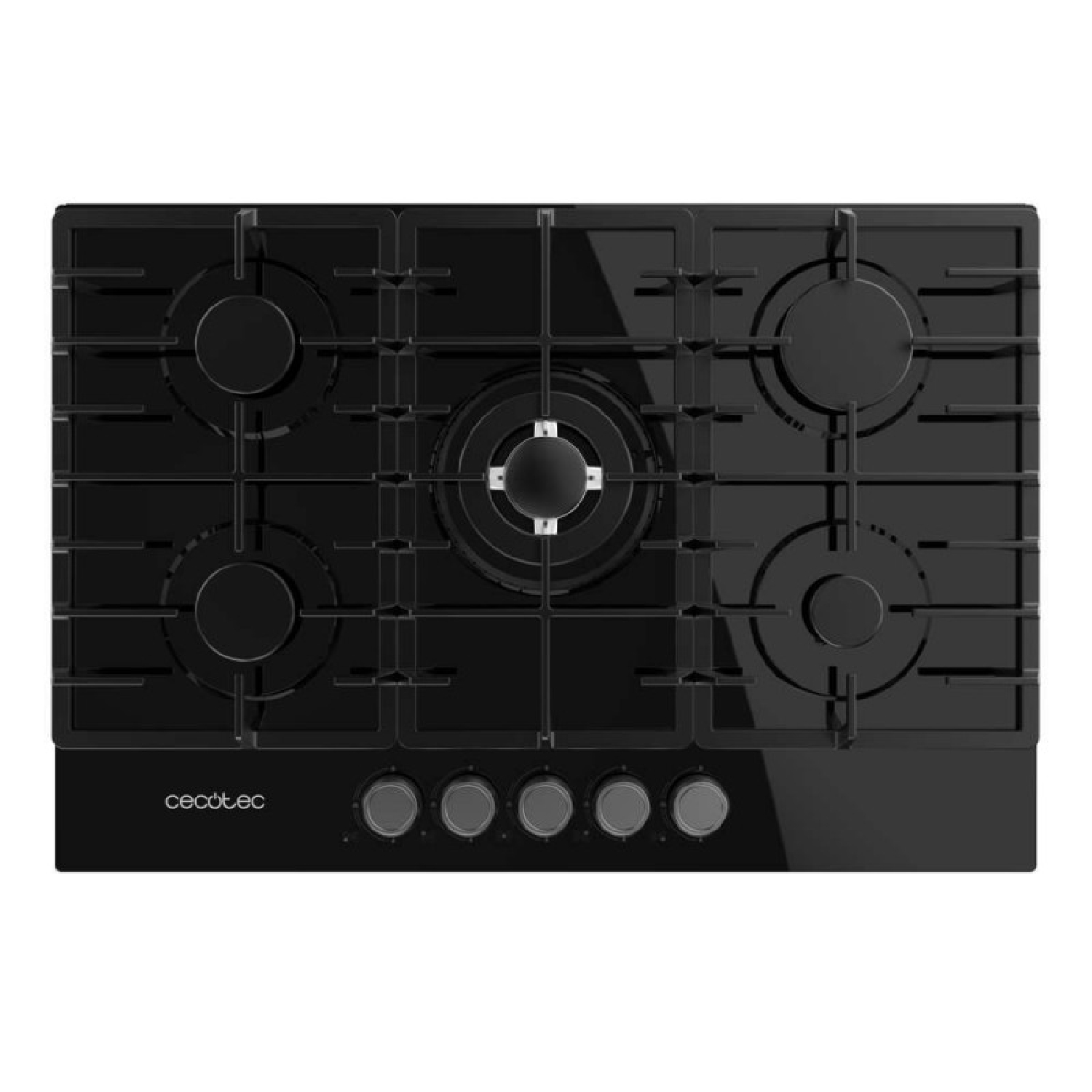 Una placa de gas negra con cinco quemadores. Tiene perillas de control en la parte inferior y la marca 'Cecotec' es visible.