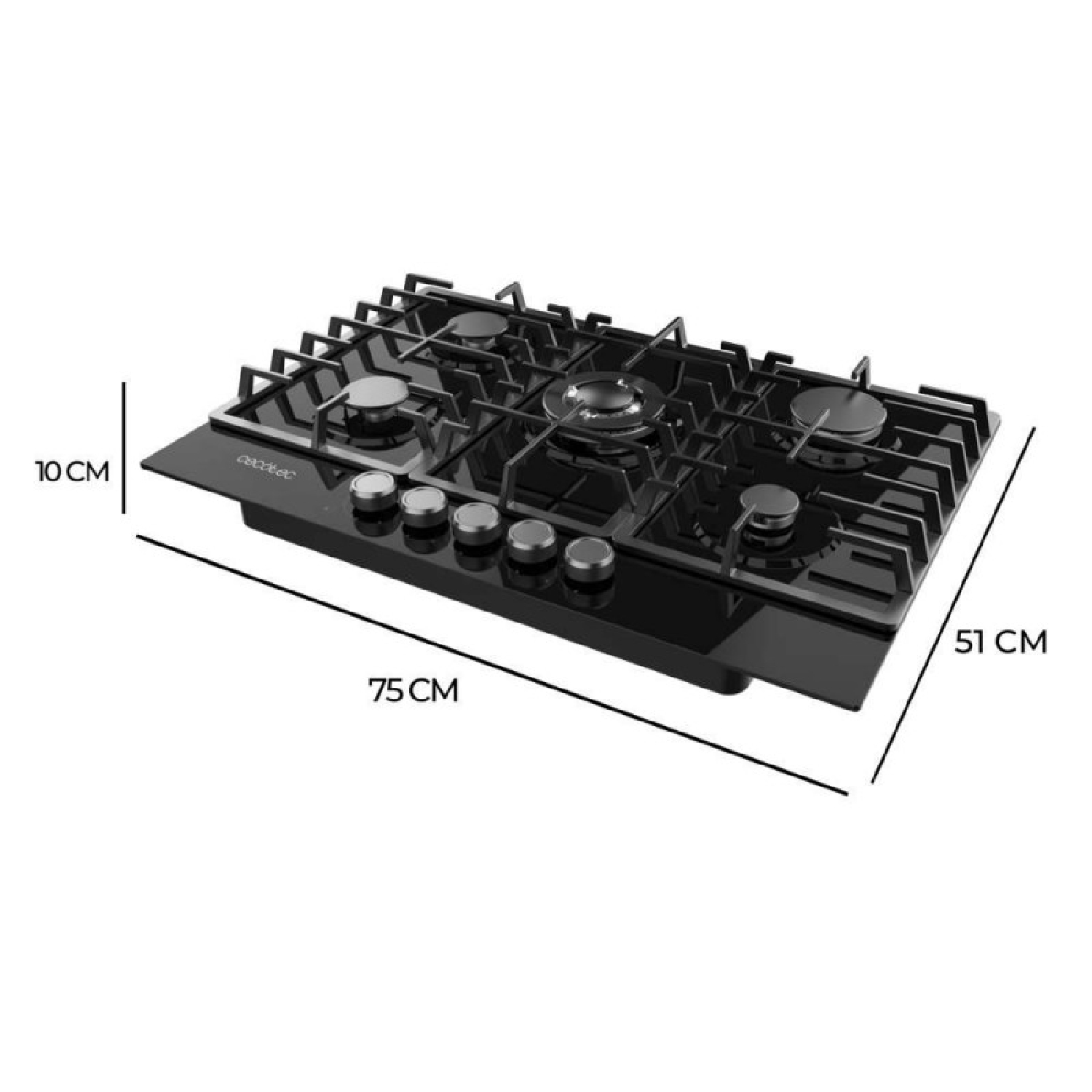 Una encimera de gas negra con cinco quemadores y perillas de control. Dimensiones: 75 cm largo, 51 cm ancho y 10 cm alto. Marca 'Cecotec'.