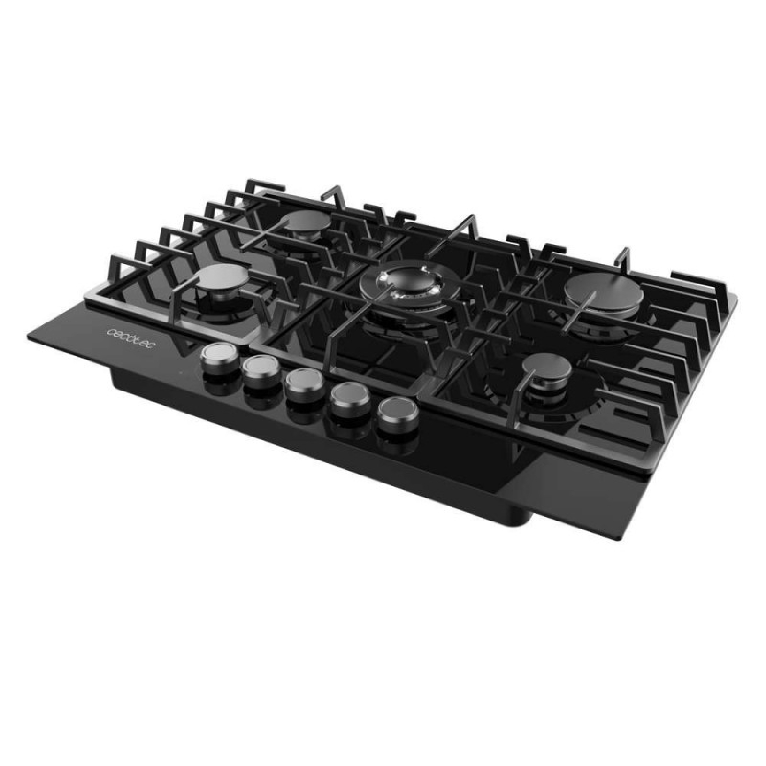 Una placa de cocina de vidrio negro con cinco quemadores. Tiene un marco de acero inoxidable y perillas de control. La marca 'cecotec' es visible.