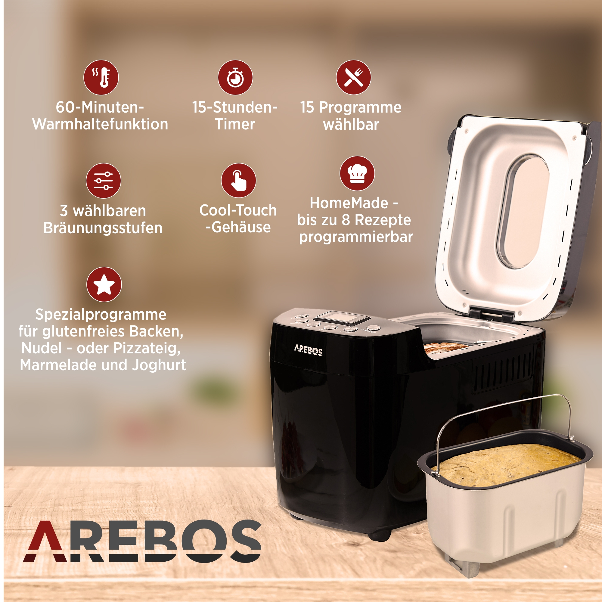Schwarzer Brotbackautomat mit offenem Deckel. Merkmale sind Timer, Programme und Spezialprogramme für Rezepte.