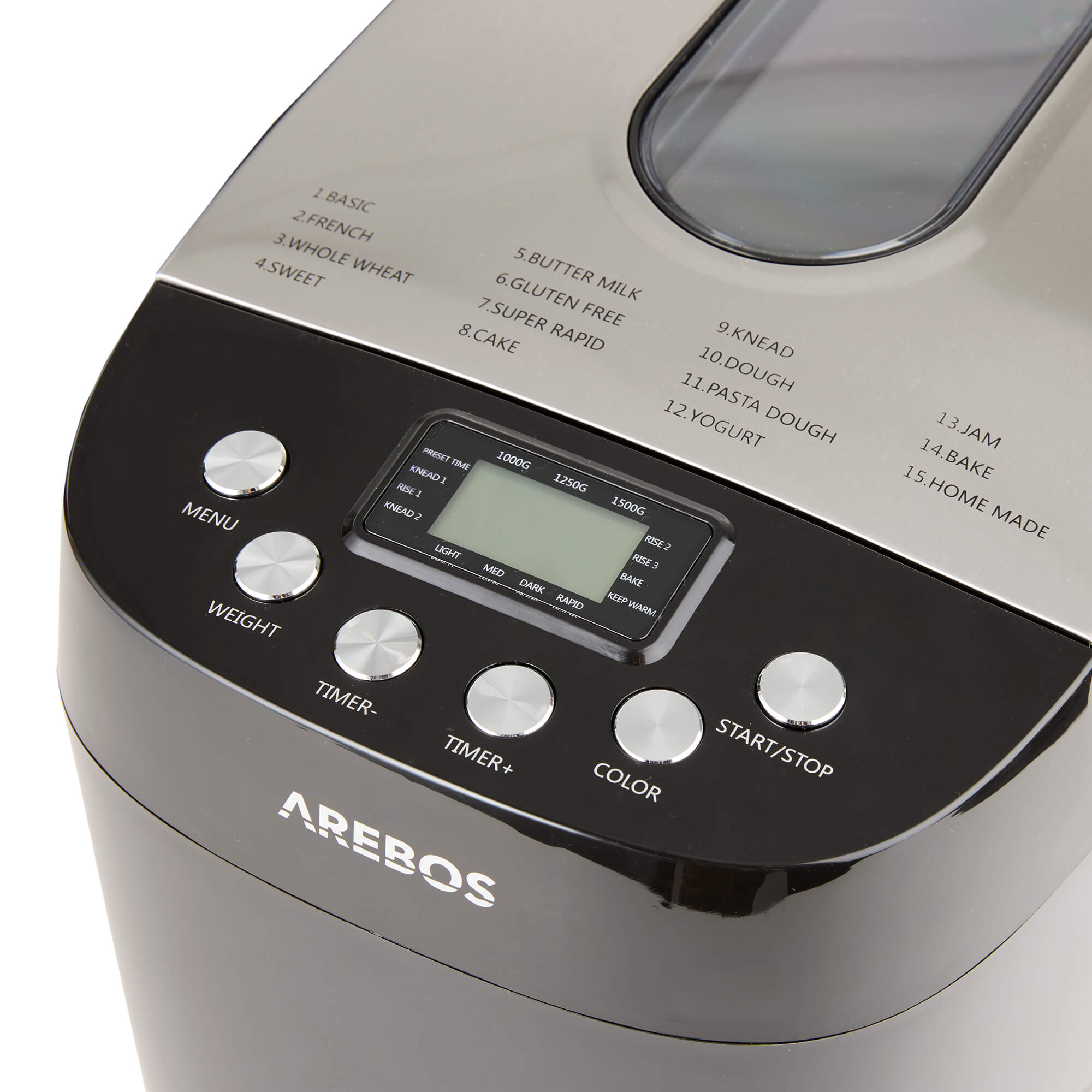 Ein schwarz-silberner Arebos-Brotbackautomat mit Tasten für Menü, Gewicht, Timer und Start/Stopp. Backoptionen sind aufgelistet.