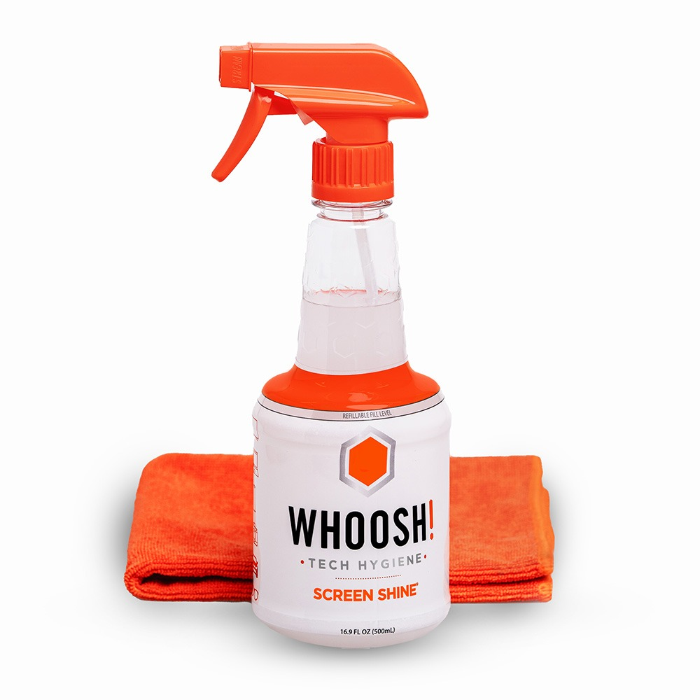 An orange spray bottle and microfiber cloths. The bottle is labeled 'Whoosh! Screen Shine'. The cloths are folded and placed below the bottle.