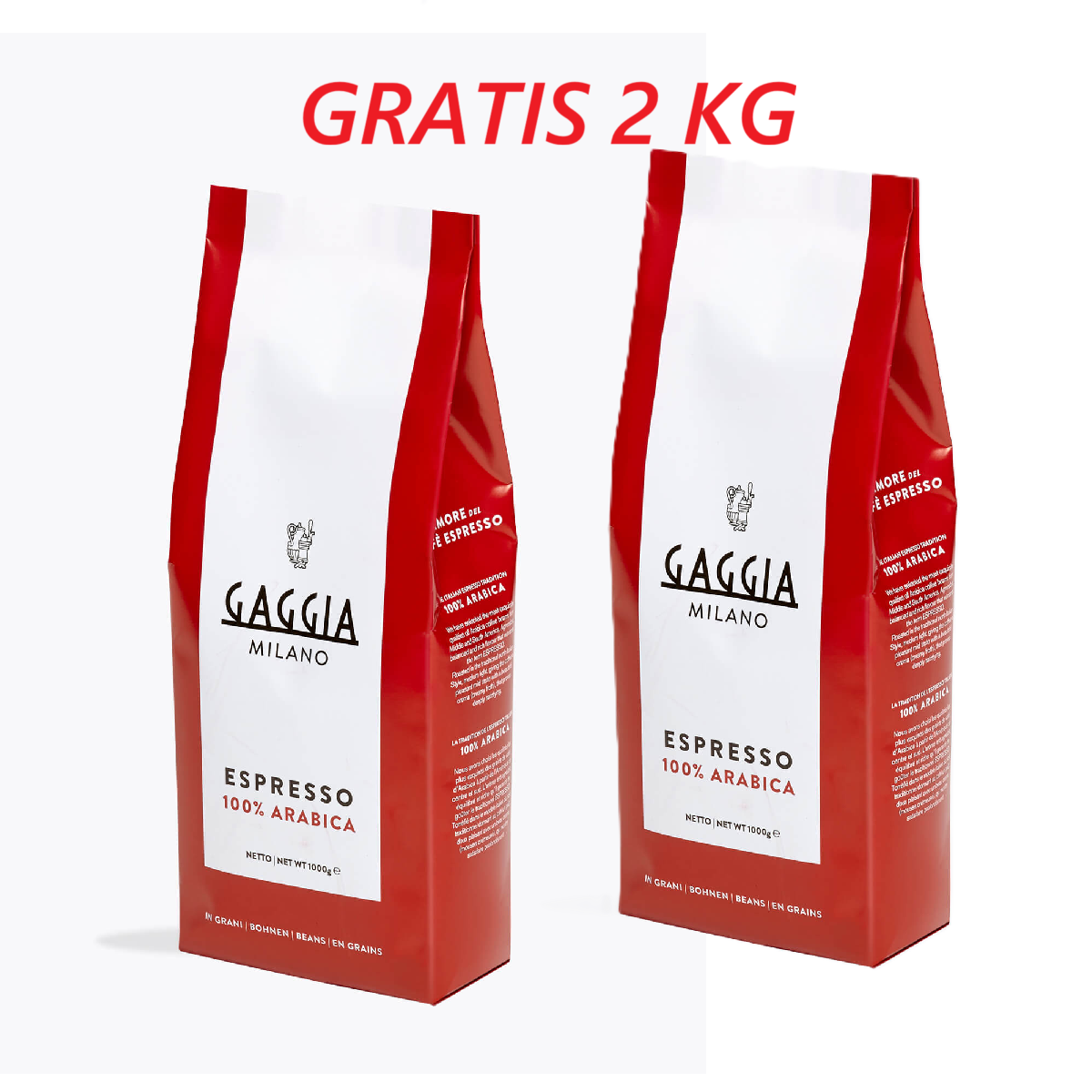 Zwei Gaggia Espresso-Beutel mit 'Gratis 2 KG' oben. Beutel haben rote Seiten und weiße Vorderseiten mit 'Espresso 100% Arabica'.