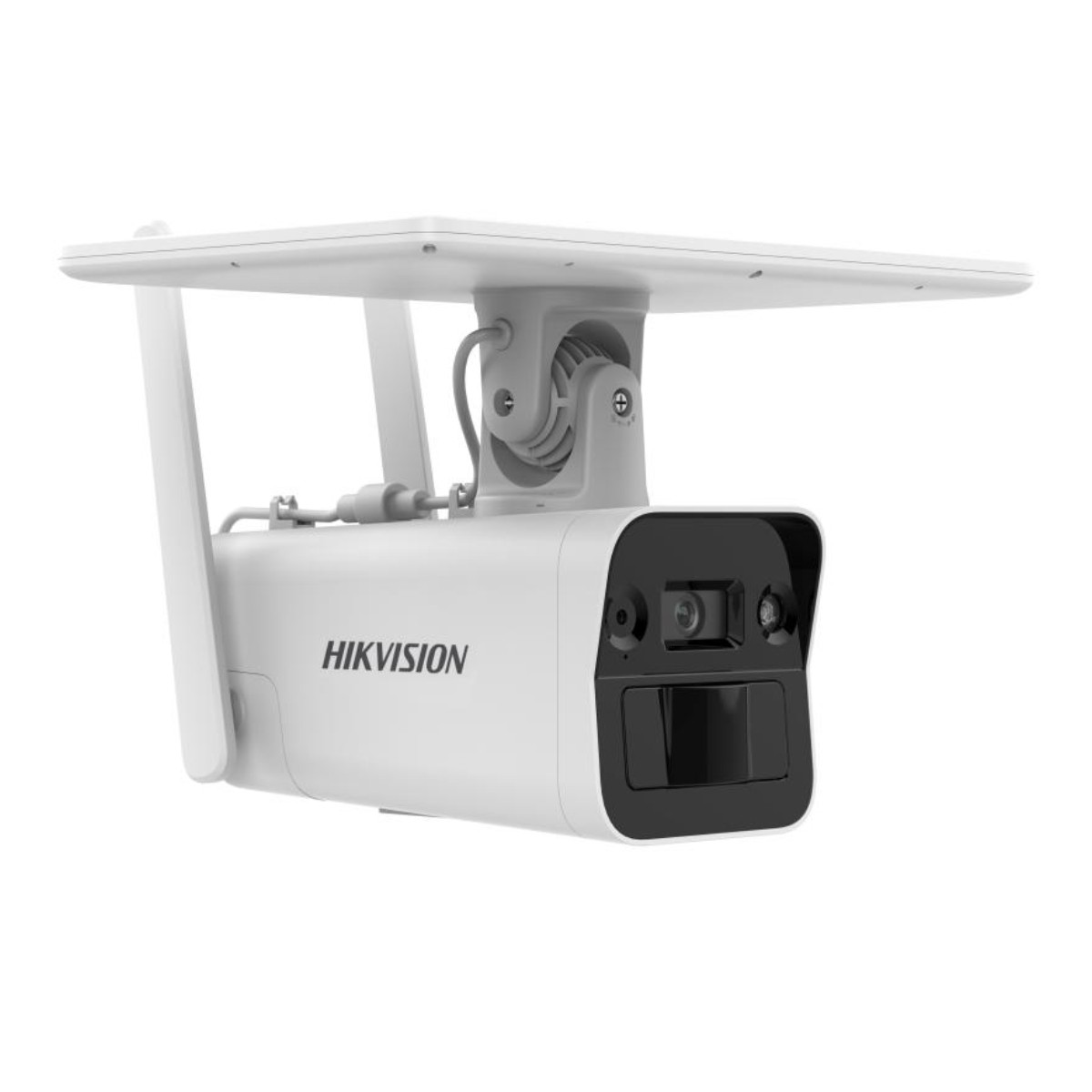 Beyaz Hikvision güvenlik kamerası. Siyah bir ön yüzü, bir lensi ve bir sensörü vardır. Beyaz bir brakete monte edilmiştir.