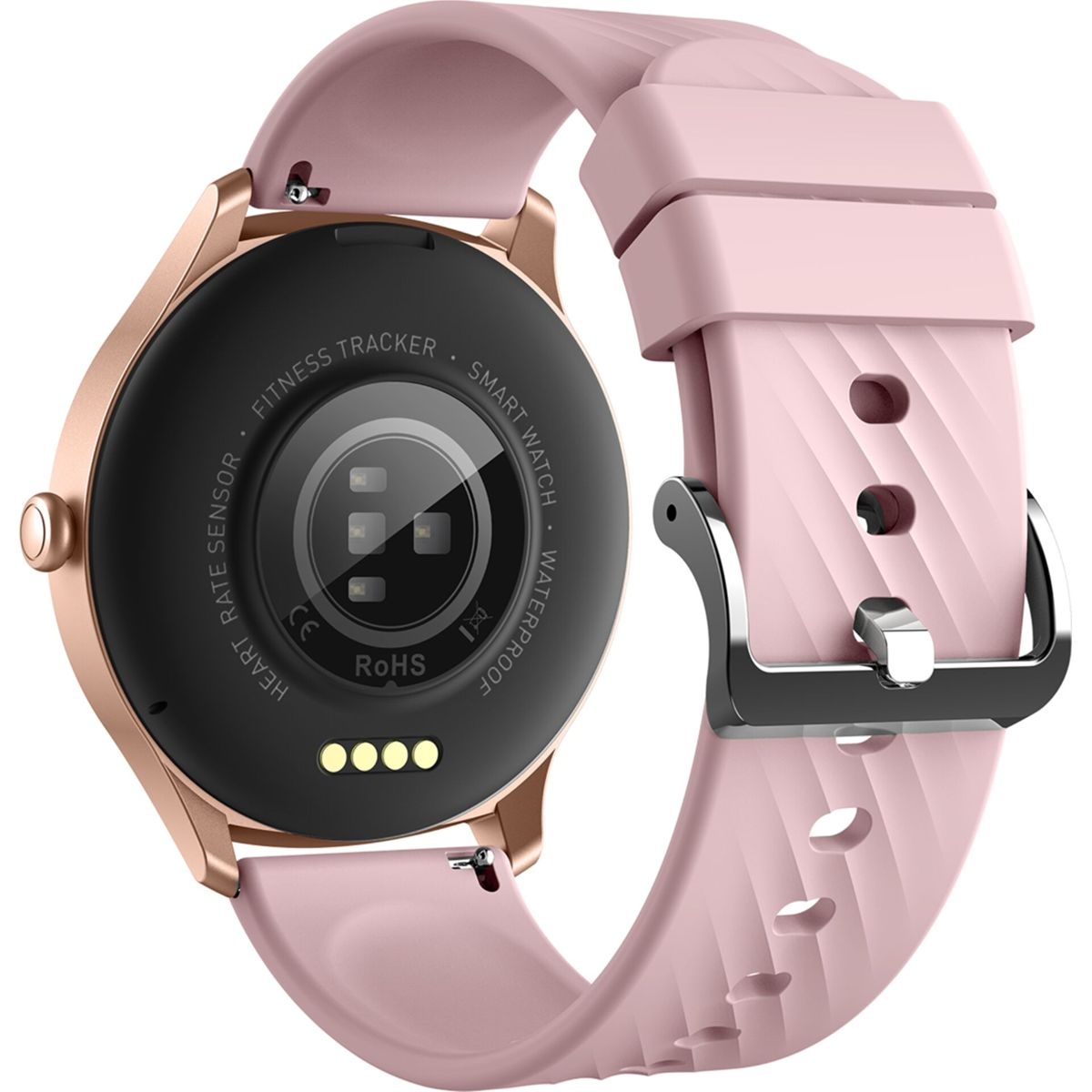 Une montre connectée or rose avec bracelet rose. Le cadran est noir avec texte et capteurs. Le bracelet a une boucle métallique.
