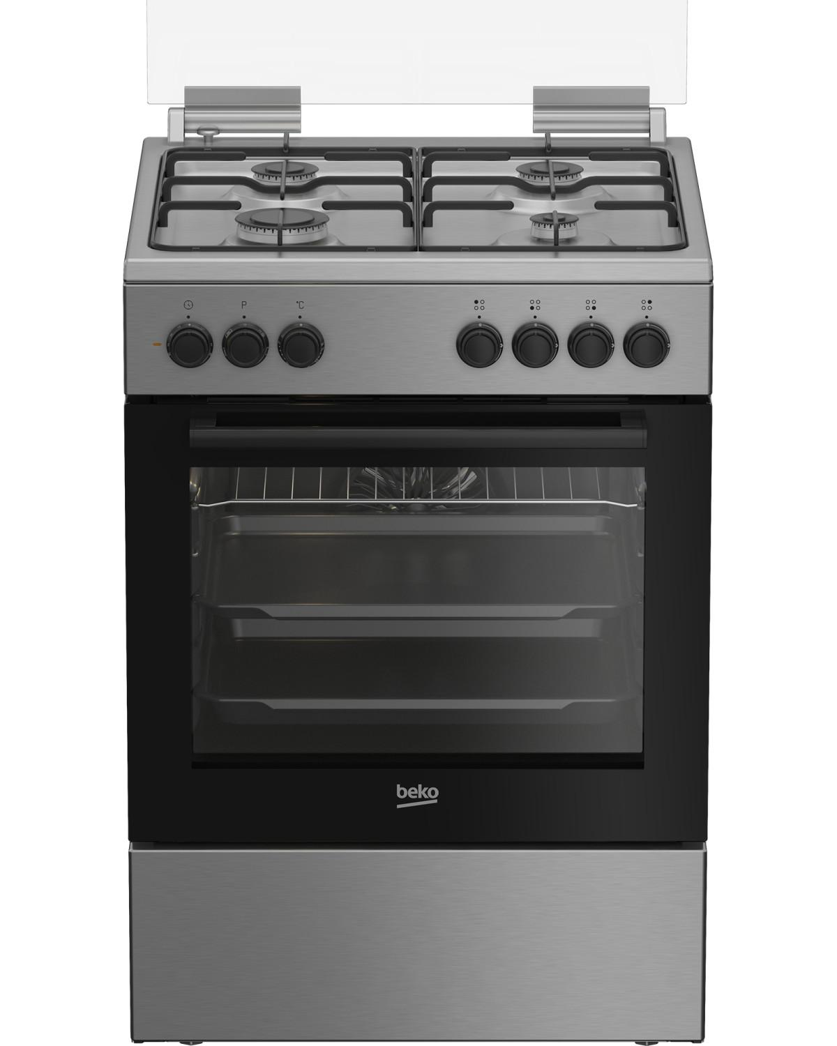 Un fornello a gas Beko in acciaio inossidabile con quattro fuochi, forno e porta a vetro. Manopole e coperchio in vetro visibili.
