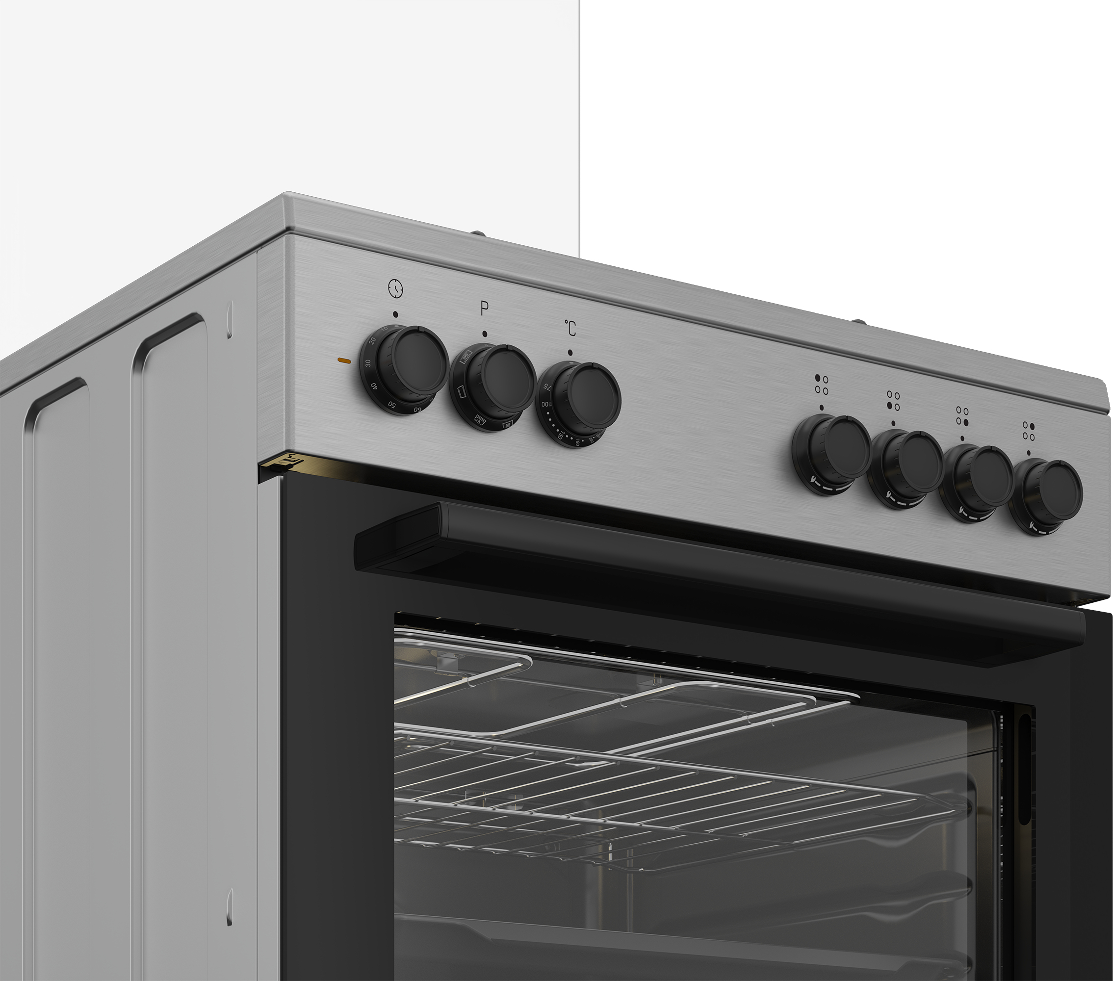 Un primo piano di un forno argentato con manopole. Lo sportello del forno è nero e l'interno ha una griglia.