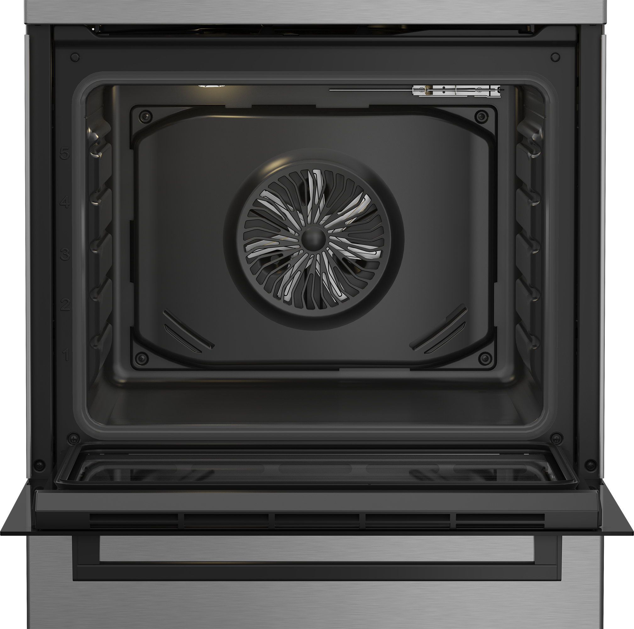 Interno di forno aperto. Presenta ventola, griglie e luce. La porta è aperta, mostrando l'interno.