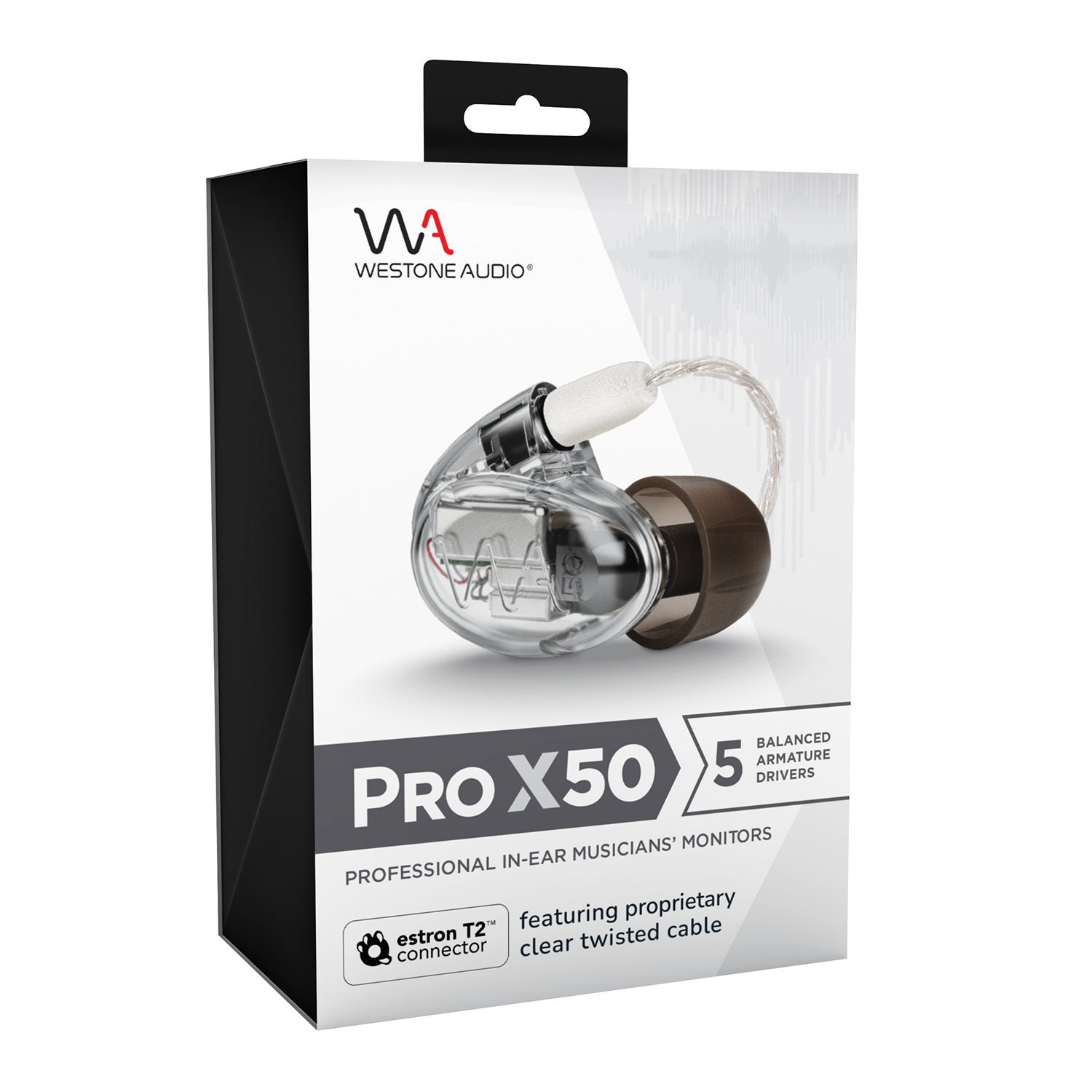 Een doos met Westone Audio Pro X50 in-ear monitors. De doorzichtige oortelefoons worden op de doos getoond.