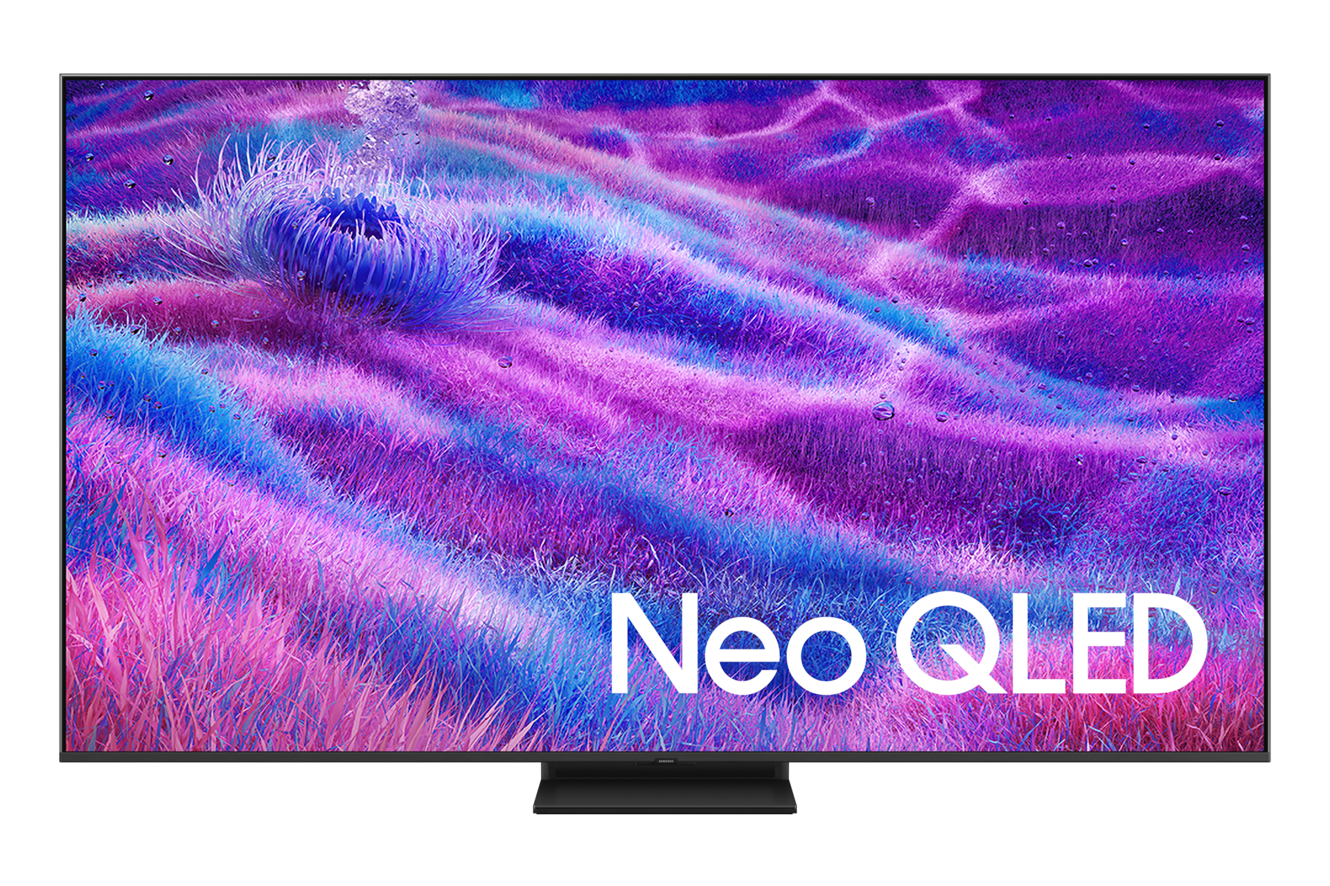 Een Neo QLED tv toont een kleurrijk, abstract beeld in paarse, blauwe en roze tinten, met de woorden "Neo QLED".