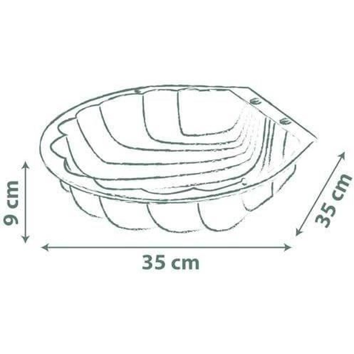 Un disegno a tratto raffigura un contenitore a forma di conchiglia. Dimensioni: 35 cm di lunghezza, 9 cm di altezza e 35 cm di larghezza. Il disegno è su sfondo bianco.