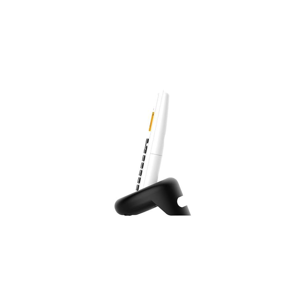 Un telefono cordless bianco su una base nera su sfondo bianco. Il telefono ha alcuni pulsanti e un piccolo display.
