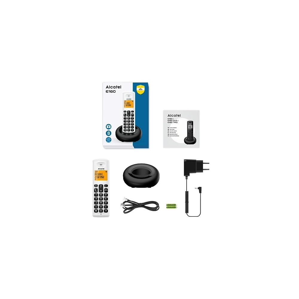 Viene mostrato un kit telefono Alcatel E160, che include telefono, caricabatterie, base e confezione. Il telefono è bianco con tastiera nera.