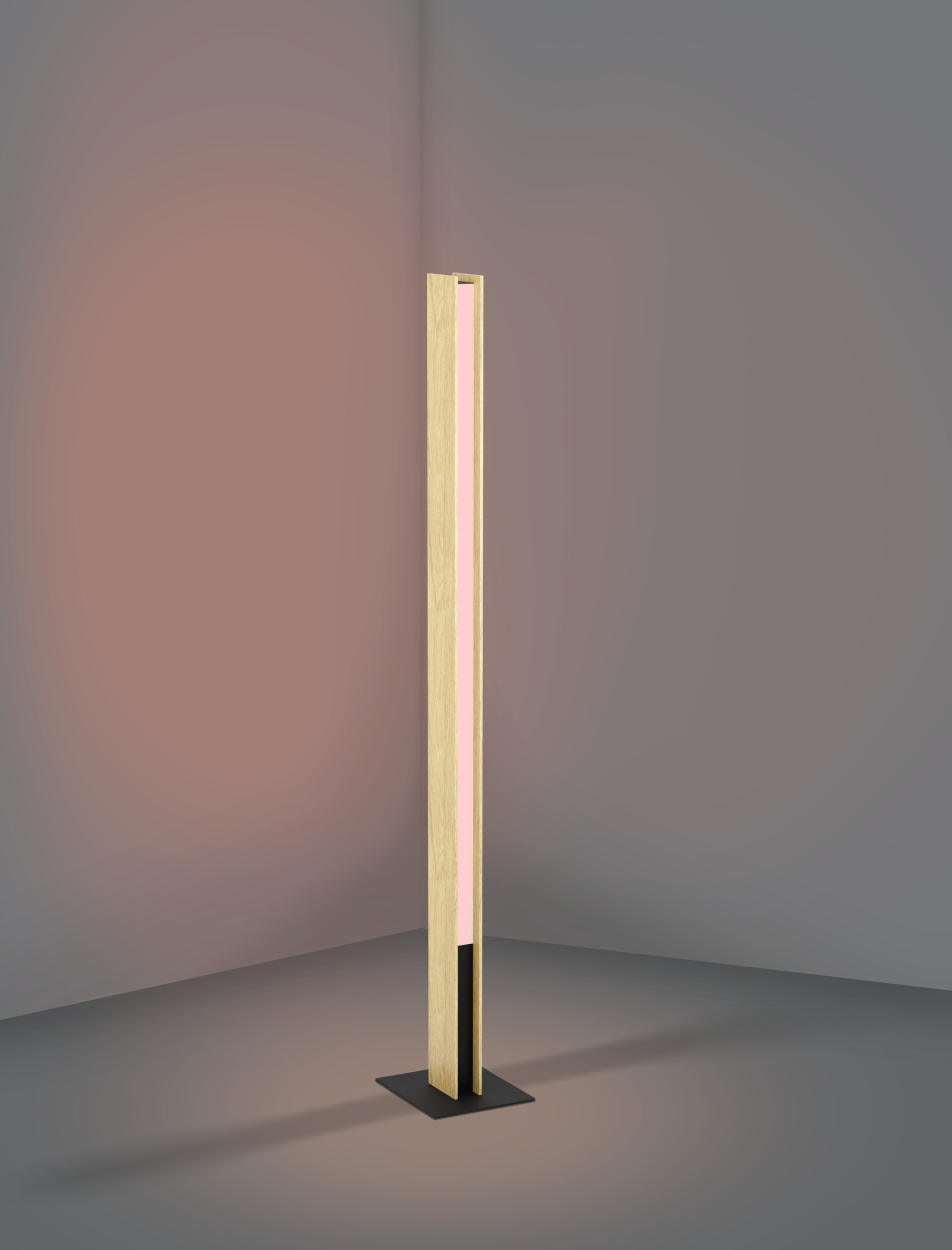 Eine moderne Stehlampe mit Holzrahmen und rosa Licht in der Mitte, in einer Ecke aufgestellt.