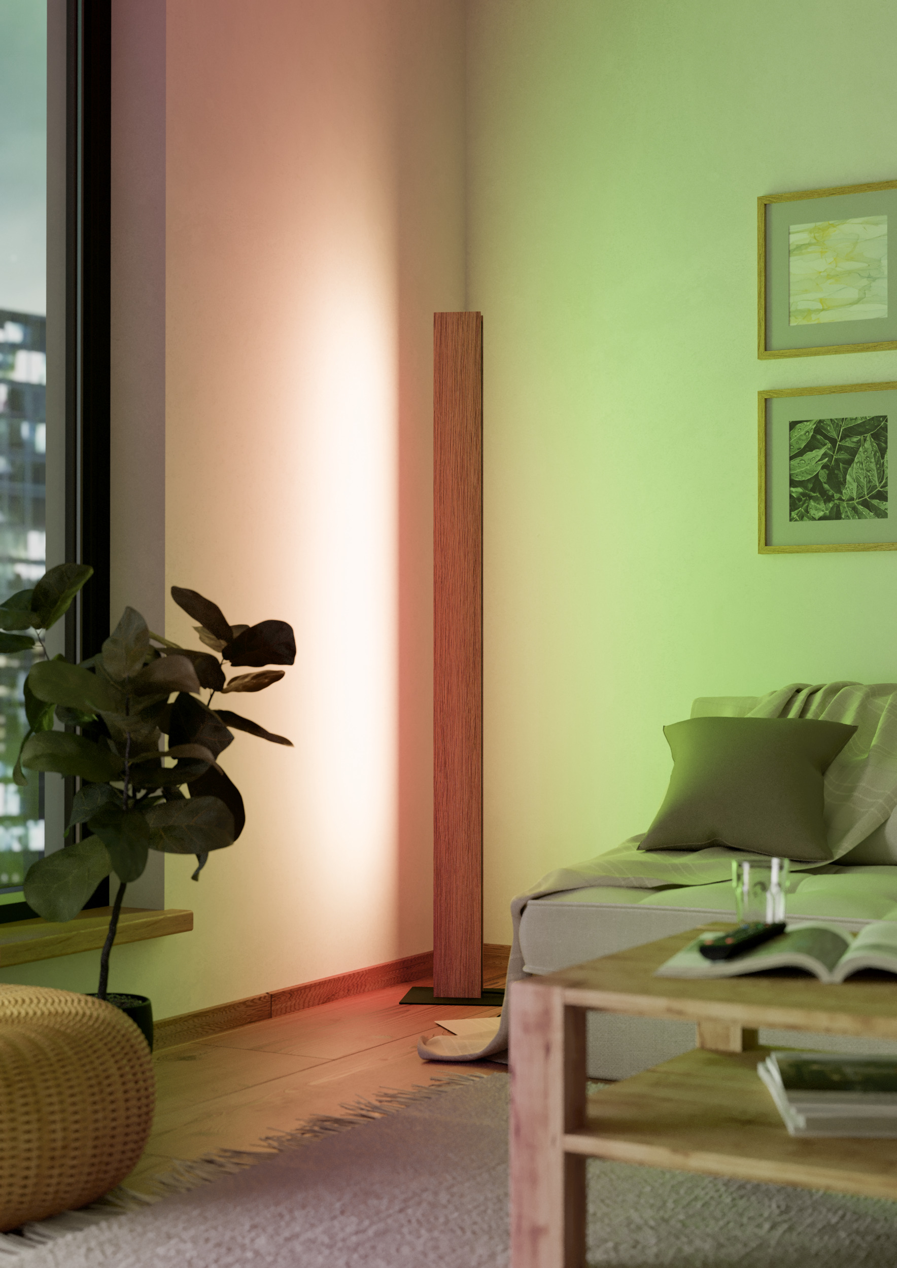 Wohnzimmer mit Holz-Stehlampe, Sofa, Couchtisch und Pflanzen. Wände haben Farbverläufe.