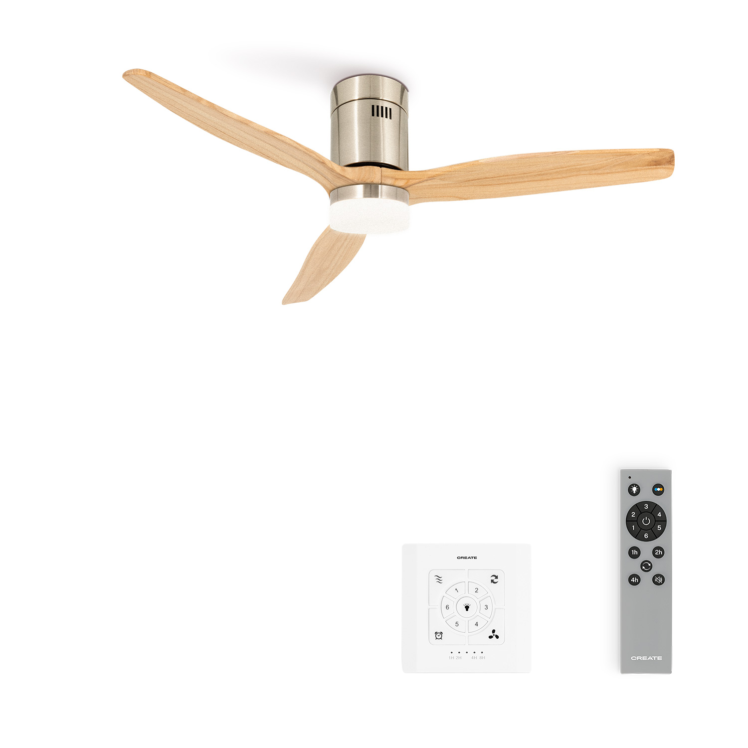 Ventilador de techo con aspas de madera, carcasa del motor metálica y mando a distancia, junto con un panel de control de pared.