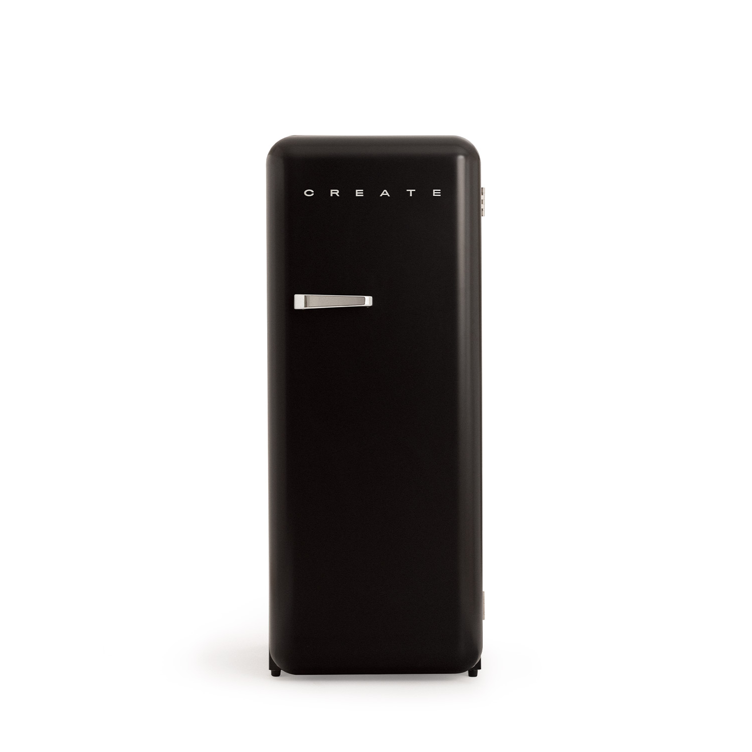 Un refrigerador negro retro sobre un fondo blanco. Tiene una manija y la palabra 'CREATE' en la parte superior.