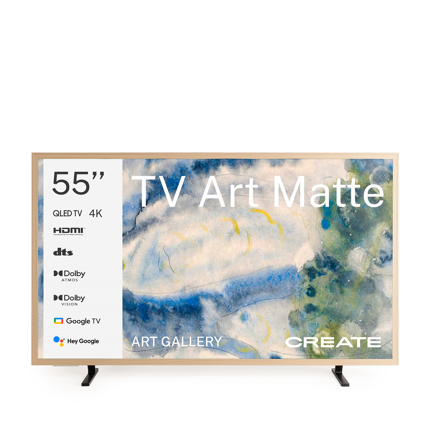 Un televisor de 55 pulgadas con marco de madera muestra arte. Incluye QLED 4K, HDMI, Dolby y Google TV. La marca es CREATE.