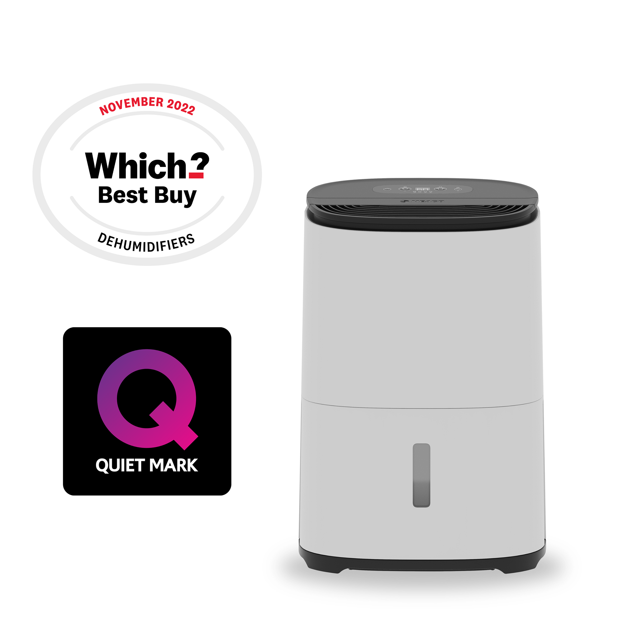 Biały osuszacz powietrza z czarnym blatem. Posiada przezroczysty wskaźnik poziomu wody oraz logo 'Which? Best Buy' i 'Quiet Mark'.