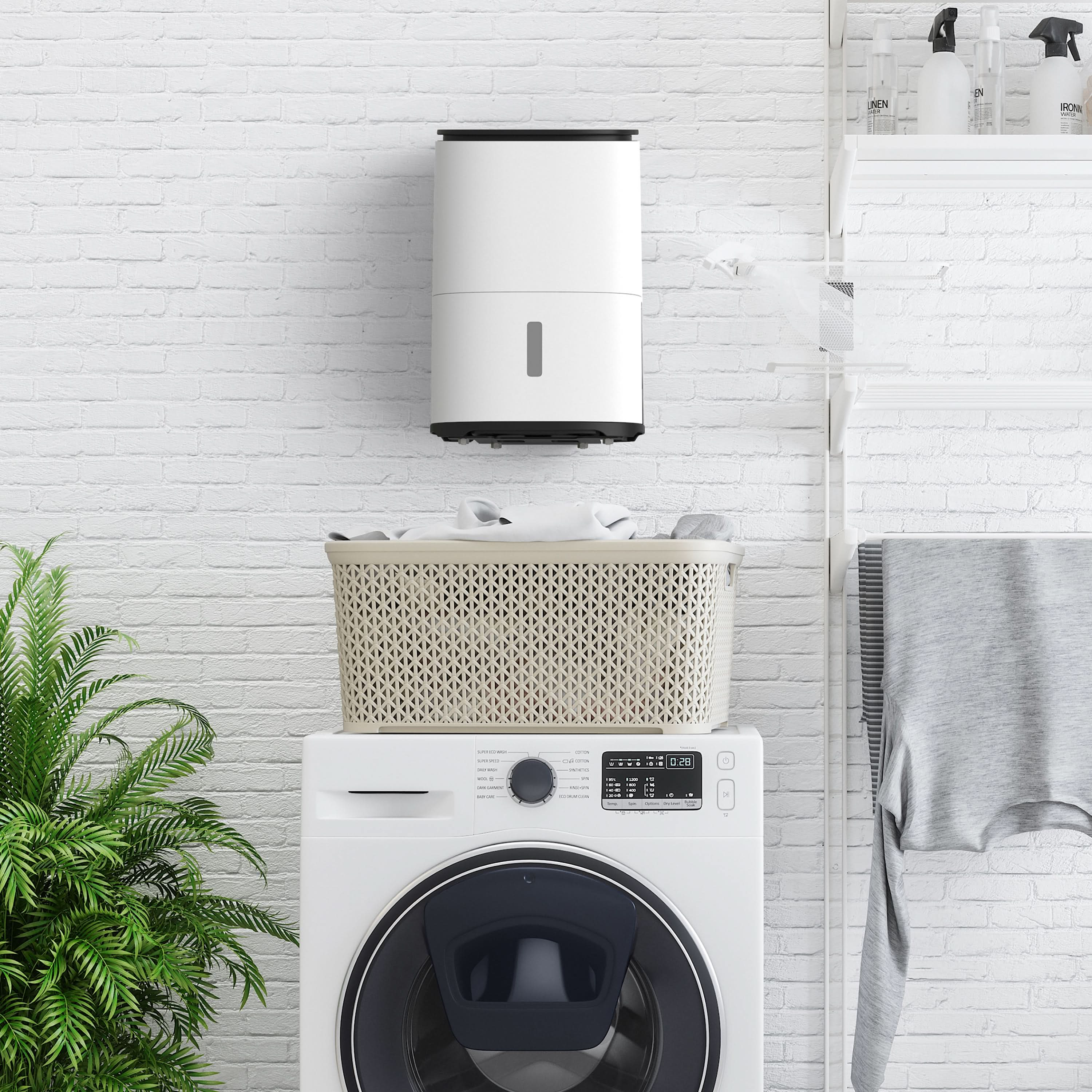 Pralnia z pralką, koszem na pranie i osuszaczem w tle białej ceglanej ściany.