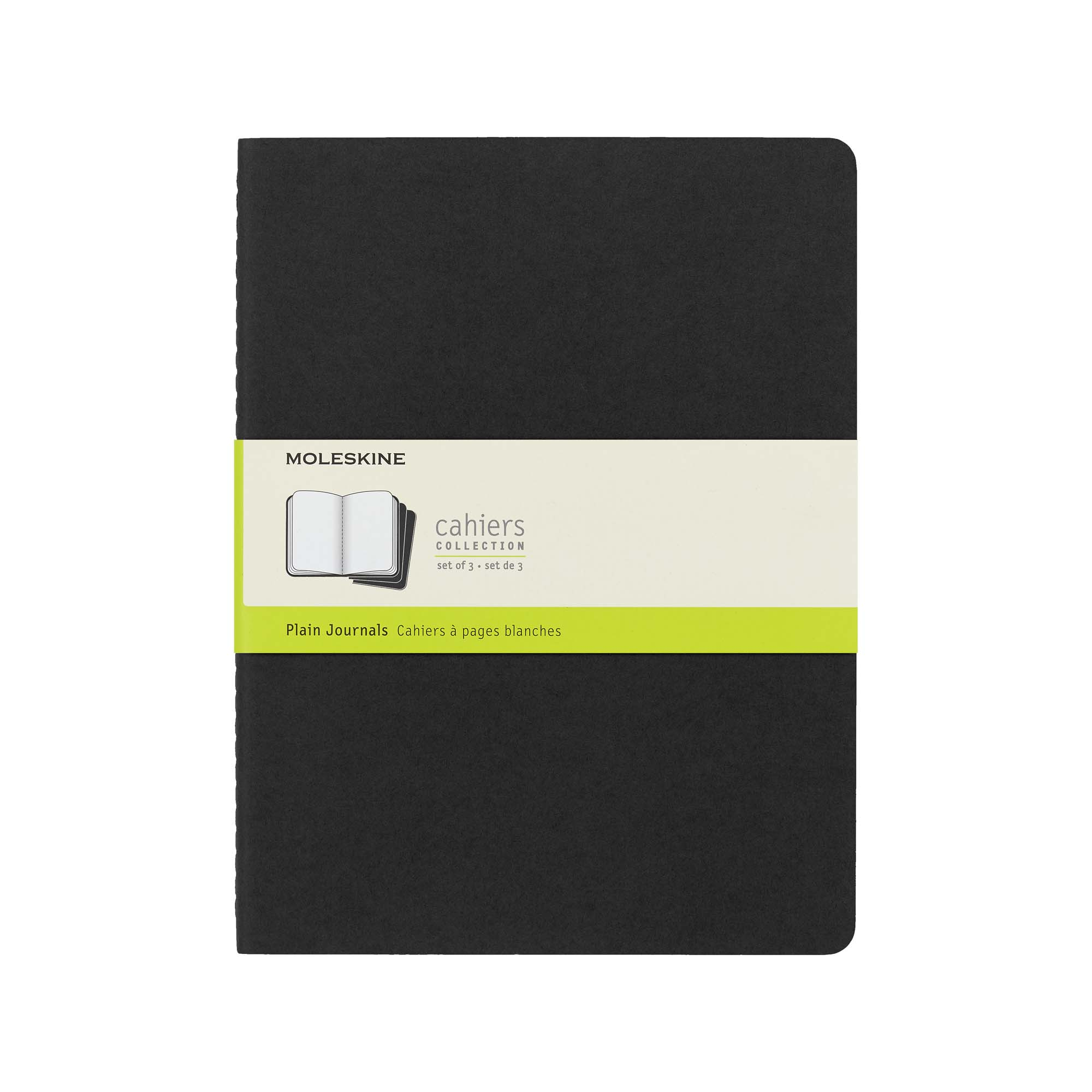 Ein schwarzes Moleskine Cahiers Collection Notizbuch-Set. Es hat ein weißes Etikett mit Text und einen grünen Streifen.