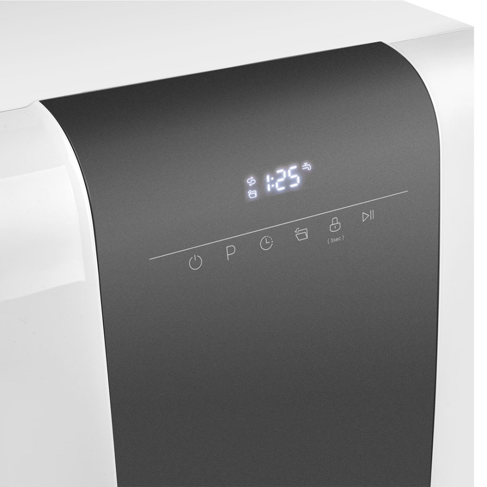 Nahaufnahme eines weißen und grauen Geräts mit Digitalanzeige 1:25. Symbole und Tasten sind unter der Anzeige sichtbar.