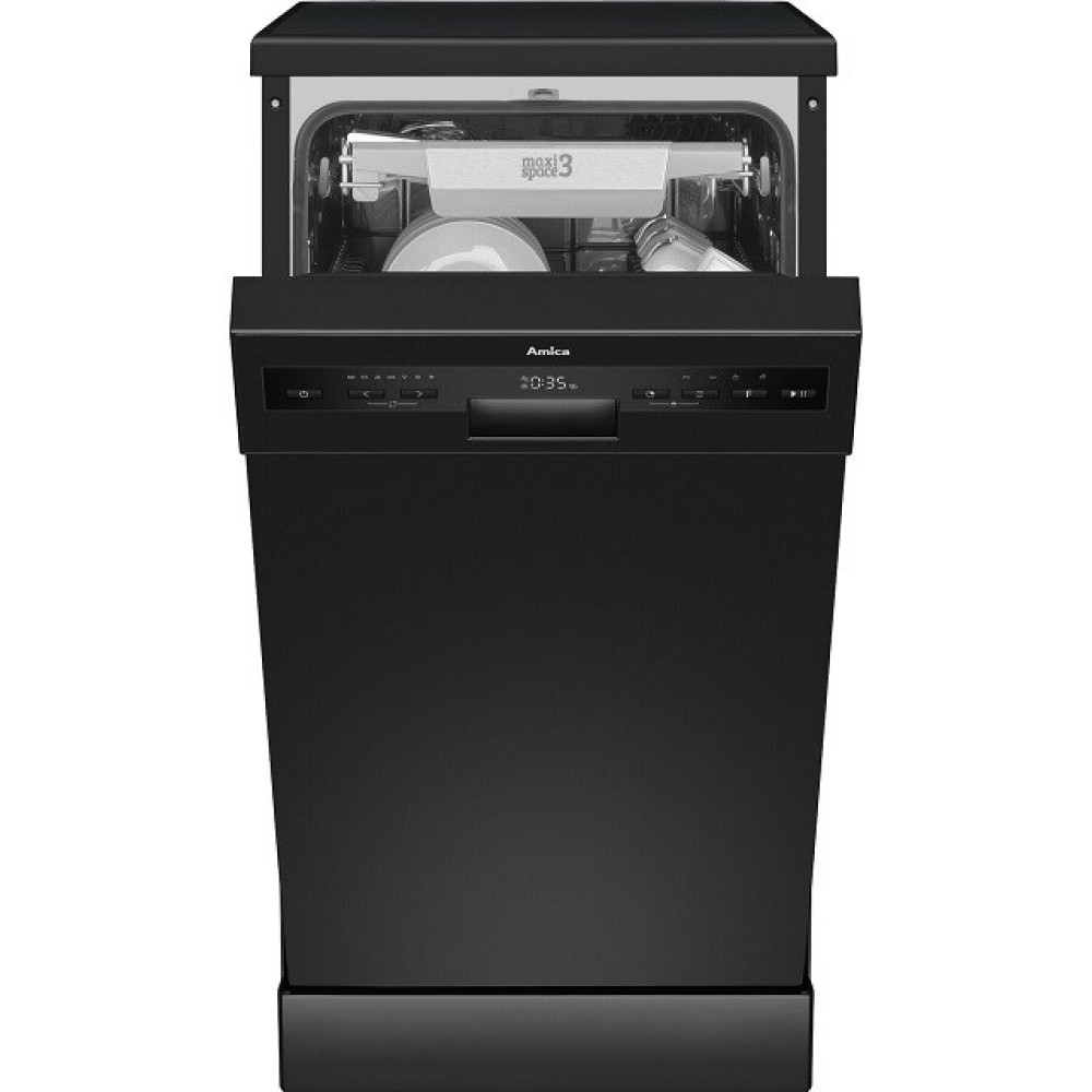 Czarna zmywarka Amica z otwartymi drzwiami. Naczynia w środku. Panel sterowania pokazuje 20:35. Widoczne logo Maxi Space 3.