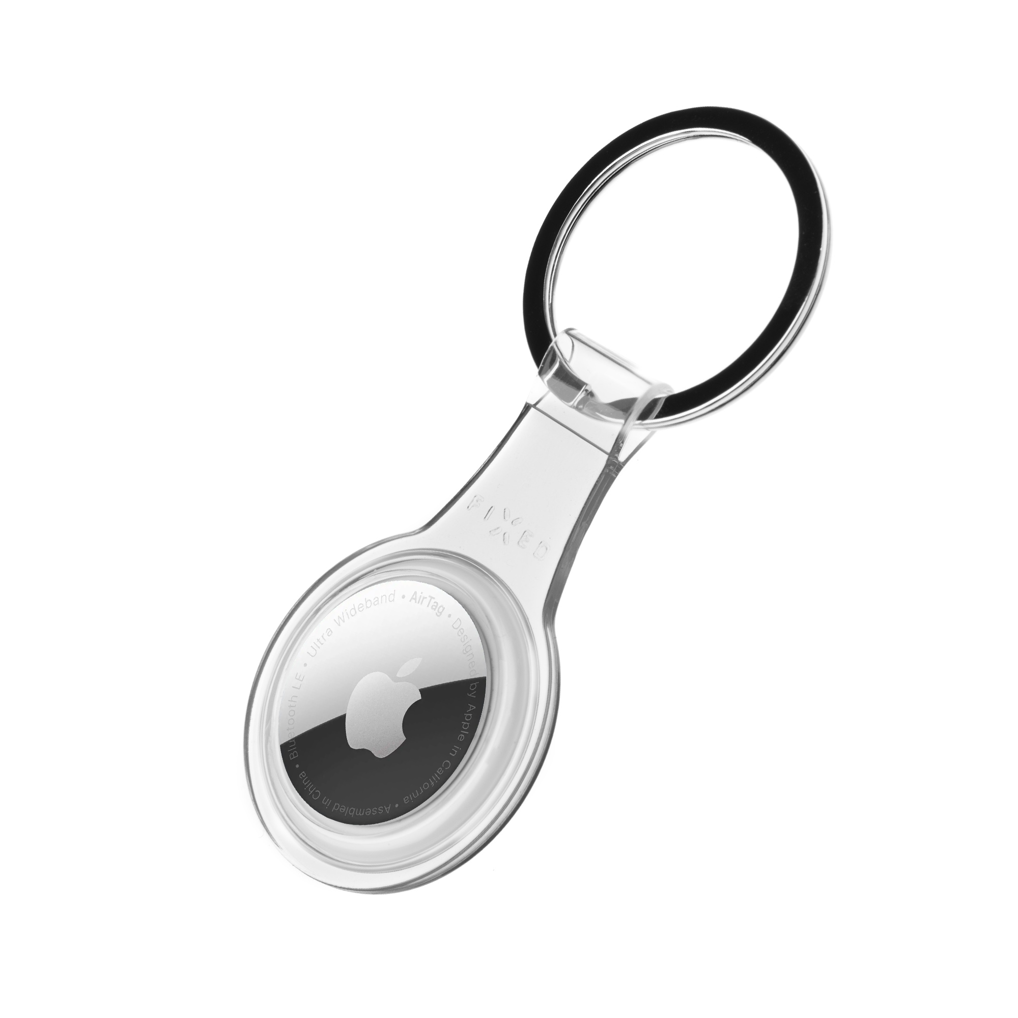 Ein durchsichtiger Kunststoffschlüsselanhänger mit schwarzem Ring und einem Apple AirTag. Das Tag hat das Apple-Logo.