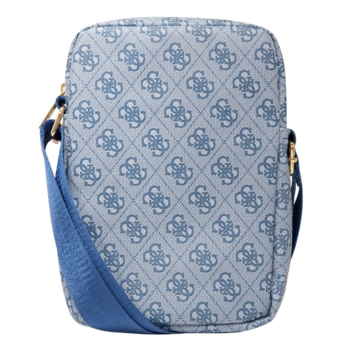 Eine blaue Umhängetasche mit sich wiederholendem Muster. Sie hat einen blauen Riemen und goldfarbene Beschläge. Die Tasche ist auf weißem Hintergrund.