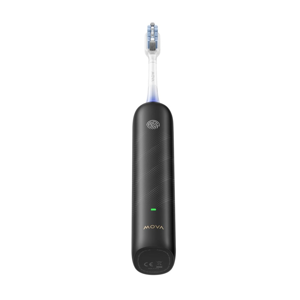 Eine schwarze elektrische Zahnbürste mit blau-weißem Bürstenkopf. Der Griff hat ein Fingerabdrucksymbol und den Markennamen MOVA.