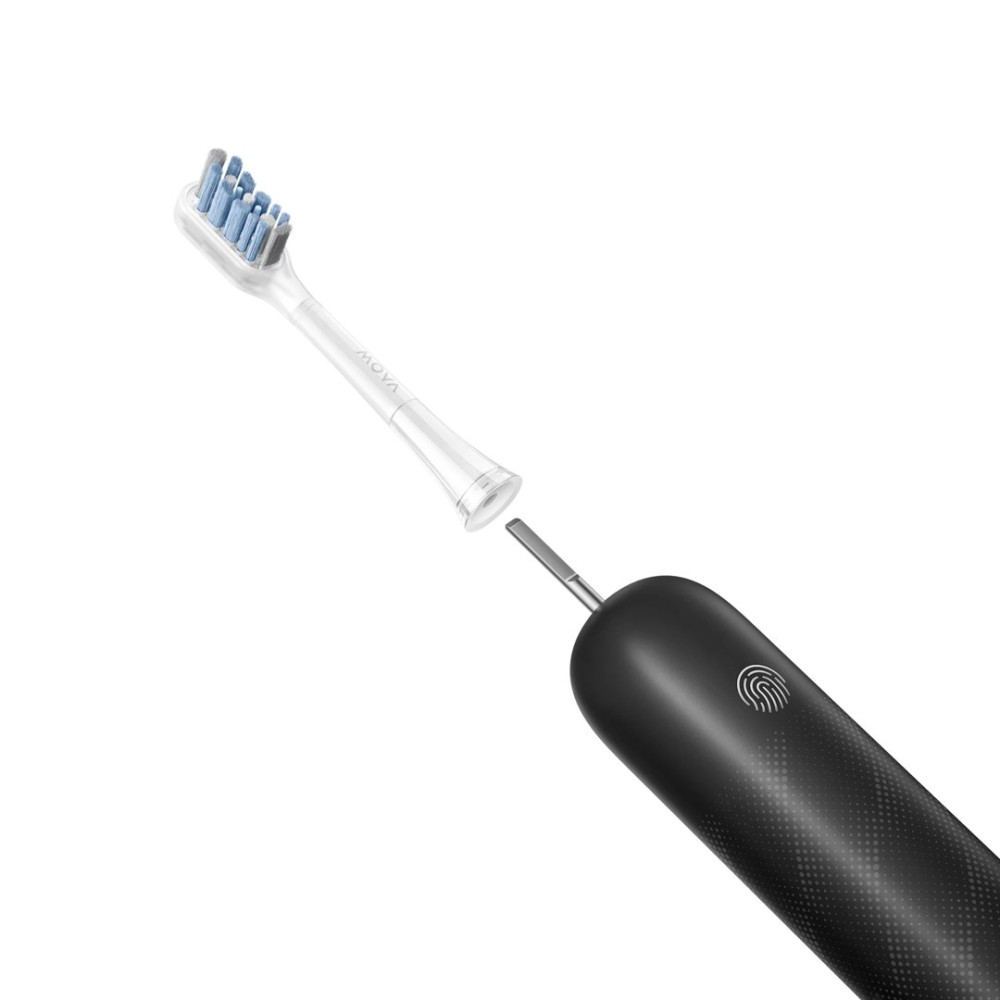 Eine elektrische Zahnbürste mit abgenommenem Kopf. Der Bürstenkopf ist weiß mit blauen Borsten. Der Griff ist schwarz mit einem Fingerabdrucksymbol.