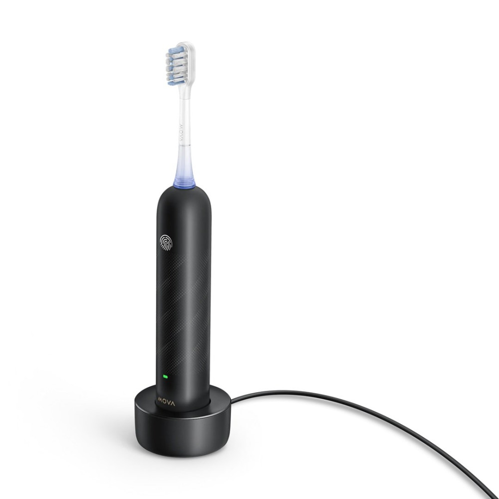 Eine schwarze elektrische Zahnbürste befindet sich in ihrer Ladestation. Die Zahnbürste hat einen weißen Kopf mit blauen Borsten und einen schwarzen Griff.