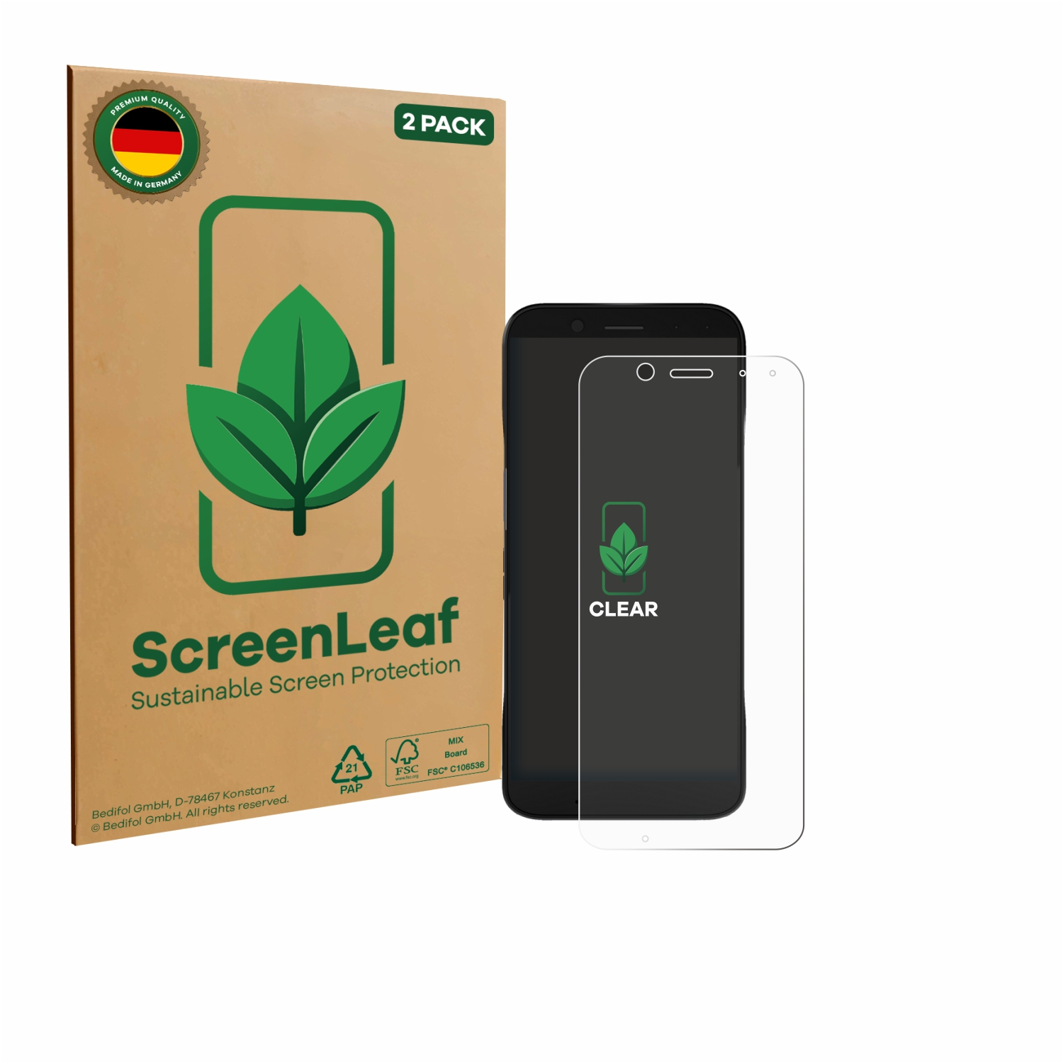 Ein Telefon und ein Displayschutz liegen neben einer ScreenLeaf-Box. Die Box hat ein Blatt-Logo und trägt die Aufschrift 'Sustainable Screen Protection'.