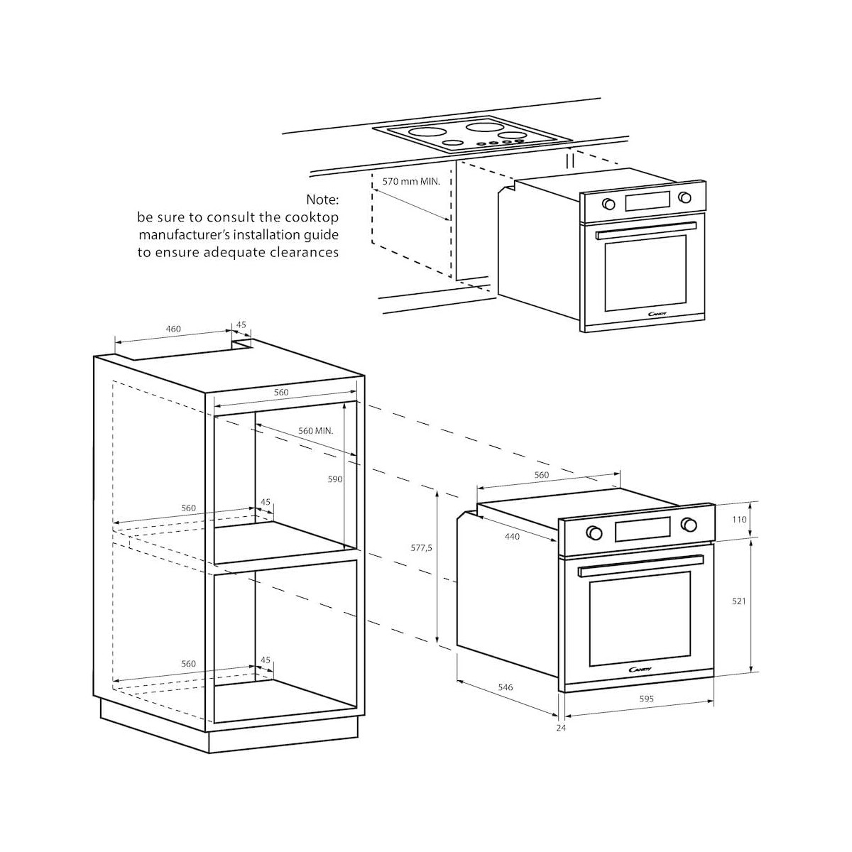 Il diagramma mostra l'installazione di forno e mobile con misure. Include un piano cottura e testo sugli spazi.