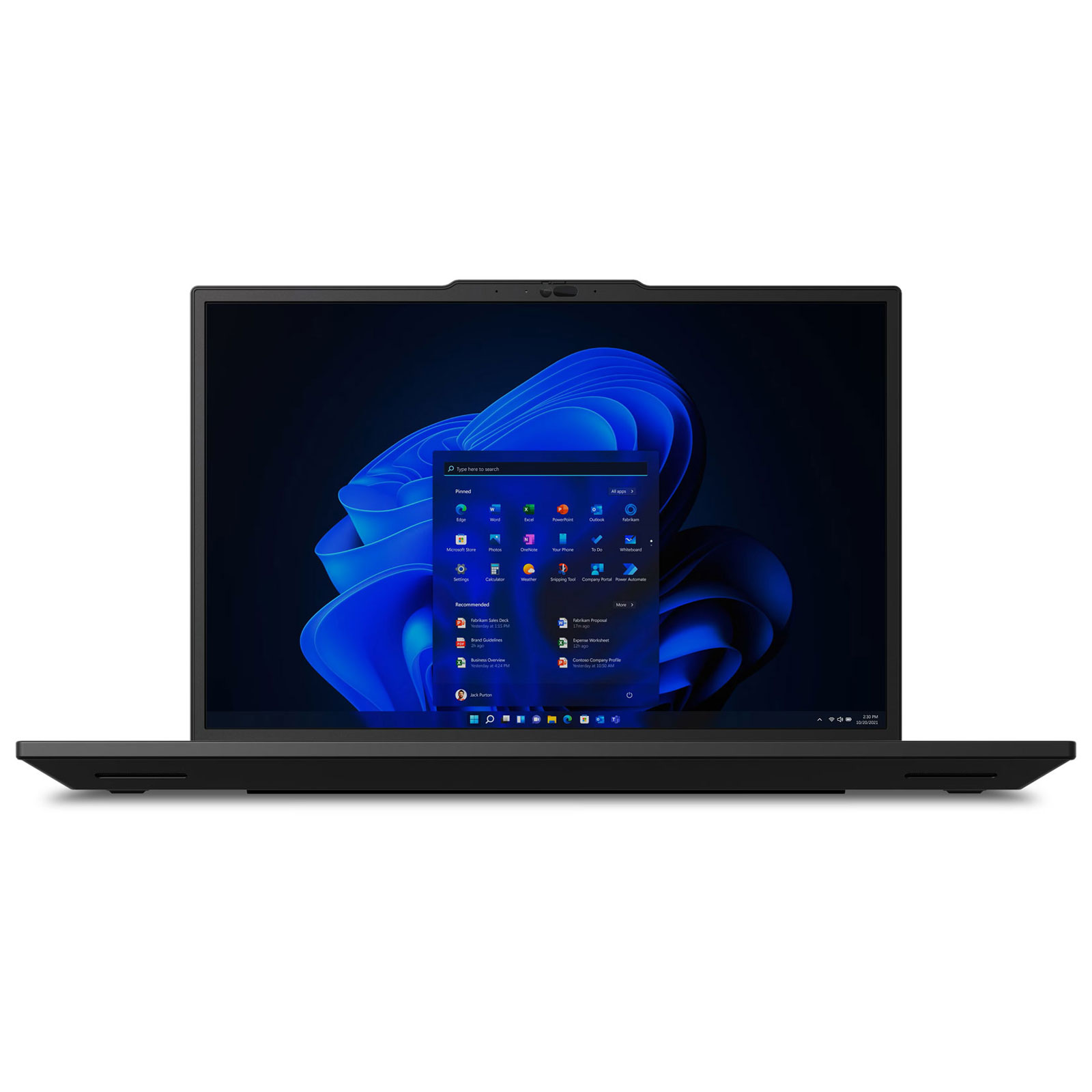 Een zwarte laptop met een Windows 11-interface. Het scherm toont het startmenu met app-pictogrammen en een zoekbalk.