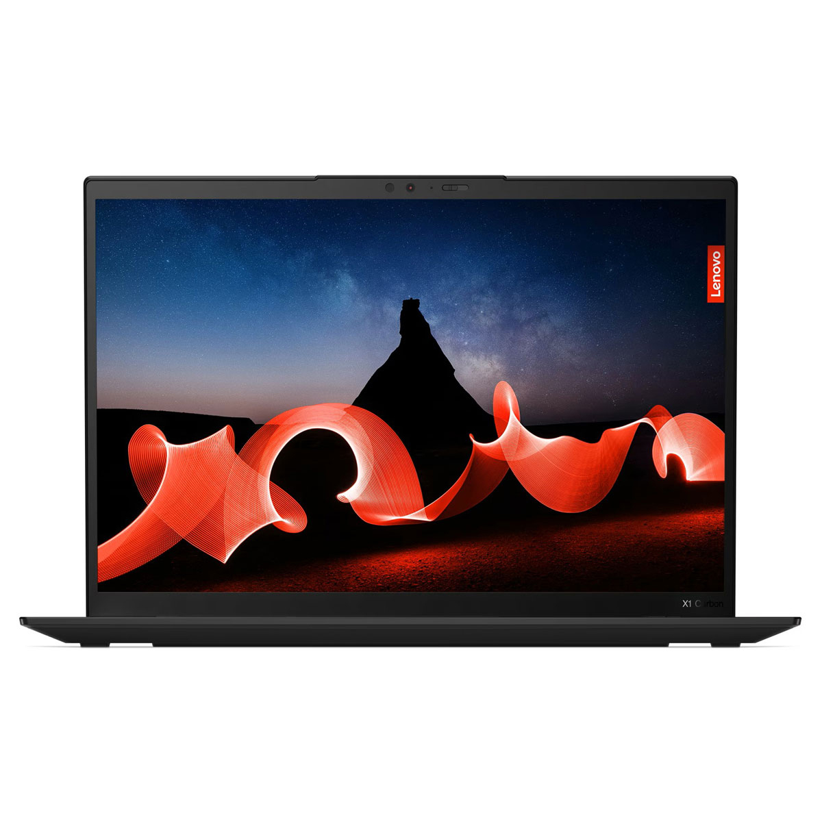 Zwarte Lenovo laptop met nachtscène, rode lichtsporen en een berg silhouet. Lenovo logo rechts.