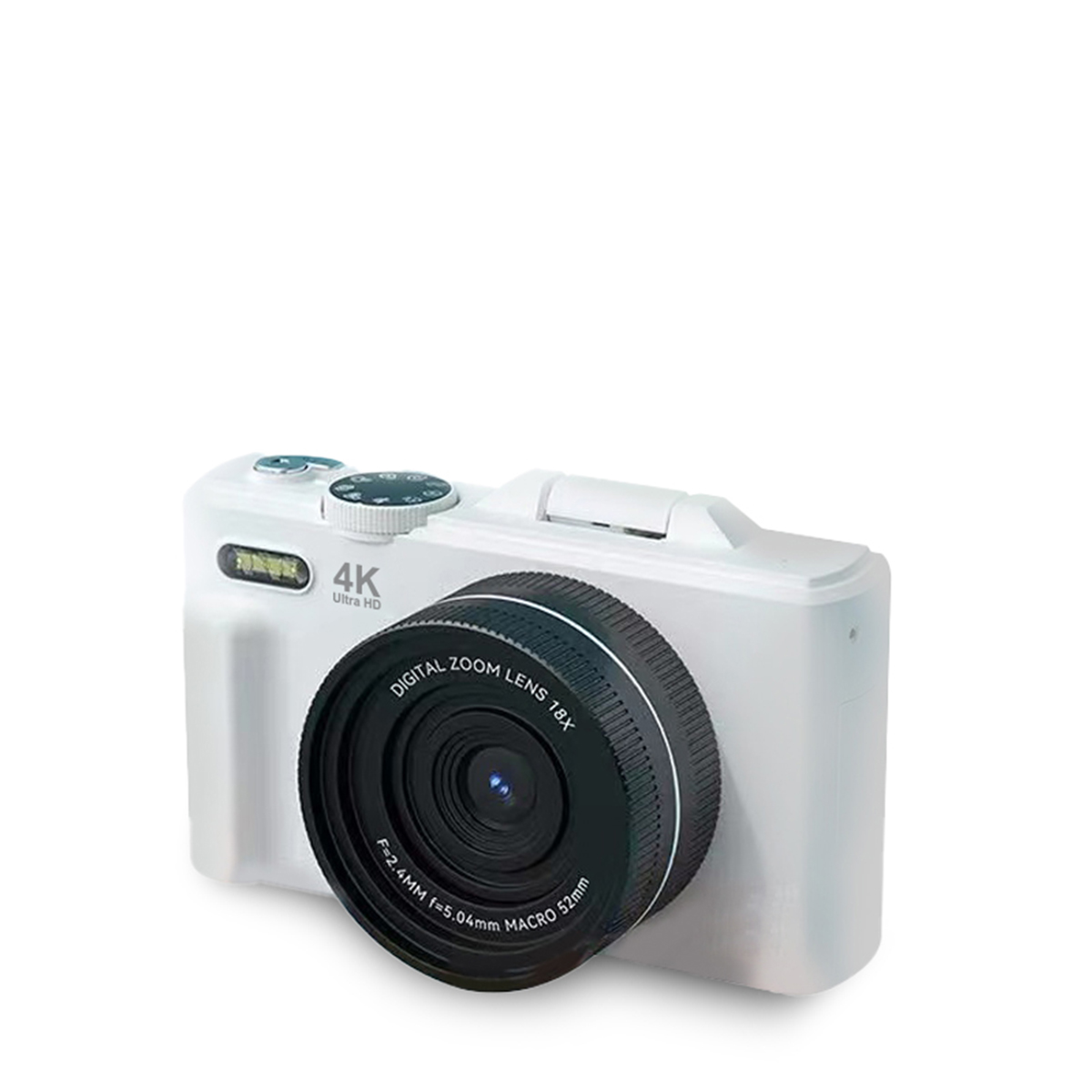 Biały aparat cyfrowy z czarnym obiektywem. Ma 4K Ultra HD, zoom cyfrowy i funkcje makro.