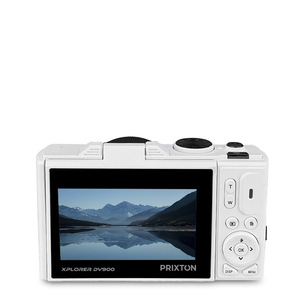 Biały aparat z ekranem wyświetlającym scenę górską i jeziorną. Marka to PRIXTON. Model XPLORER DV900.