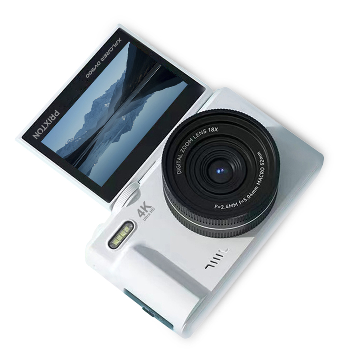 Biały aparat cyfrowy z czarnym obiektywem i ekranem wyświetlającym krajobraz. Ekran jest otwarty. Aparat ma rozdzielczość 4K Ultra HD.