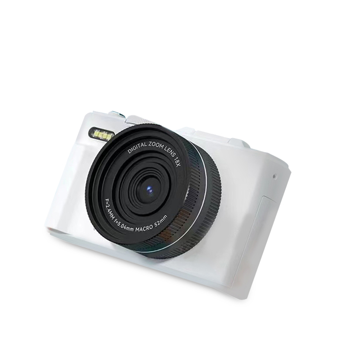 Biały aparat cyfrowy z dużym czarnym obiektywem. Obiektyw ma szczegóły takie jak 'Digital Zoom Lens 18x' i 'Macro 52mm'. Widoczna lampa błyskowa.