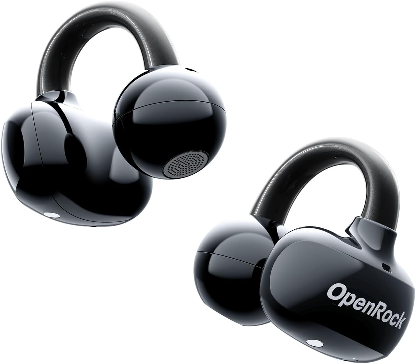 Due cuffie OpenRock nere. Ognuna ha un design curvo sopra l'orecchio. Quella destra mostra il marchio 'OpenRock' in bianco.