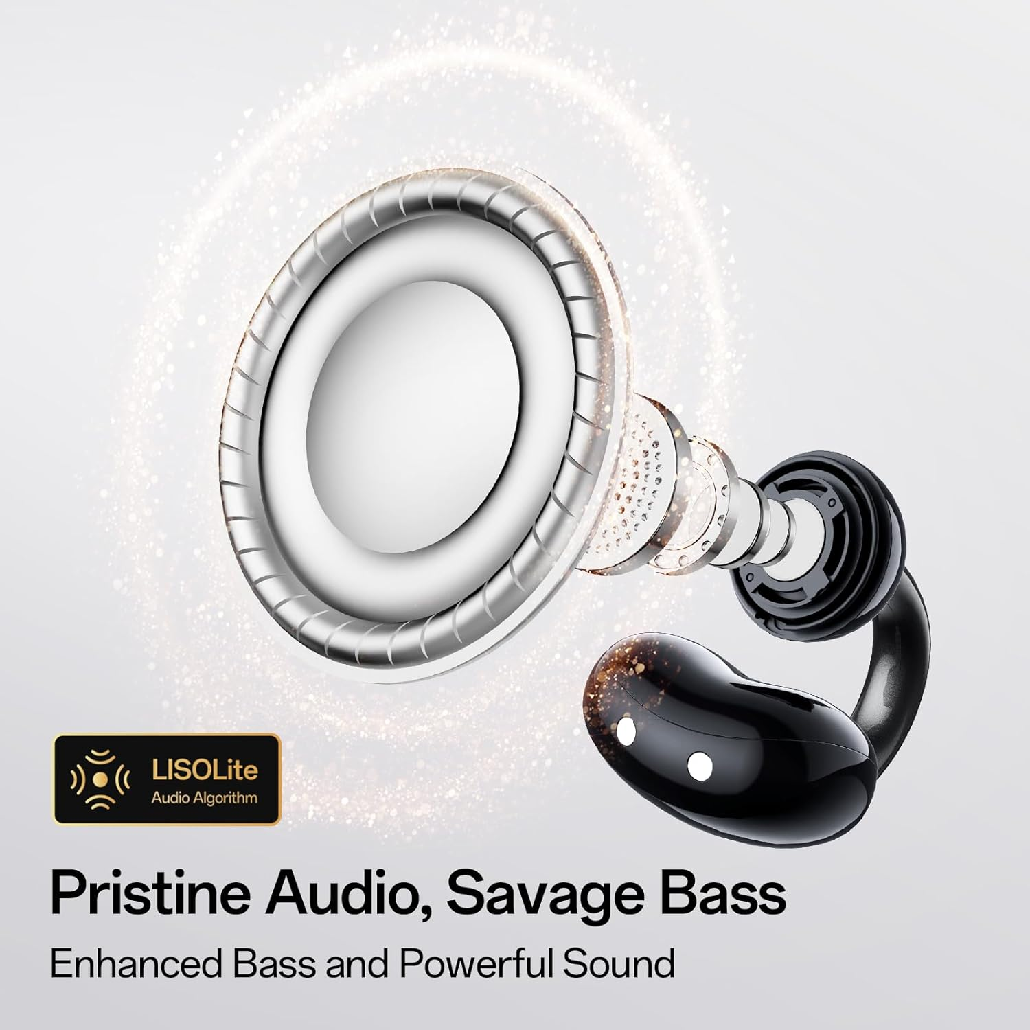 Un auricolare con un elemento altoparlante. L'auricolare è nero, l'altoparlante argento. Testo: Pristine Audio, Savage Bass.
