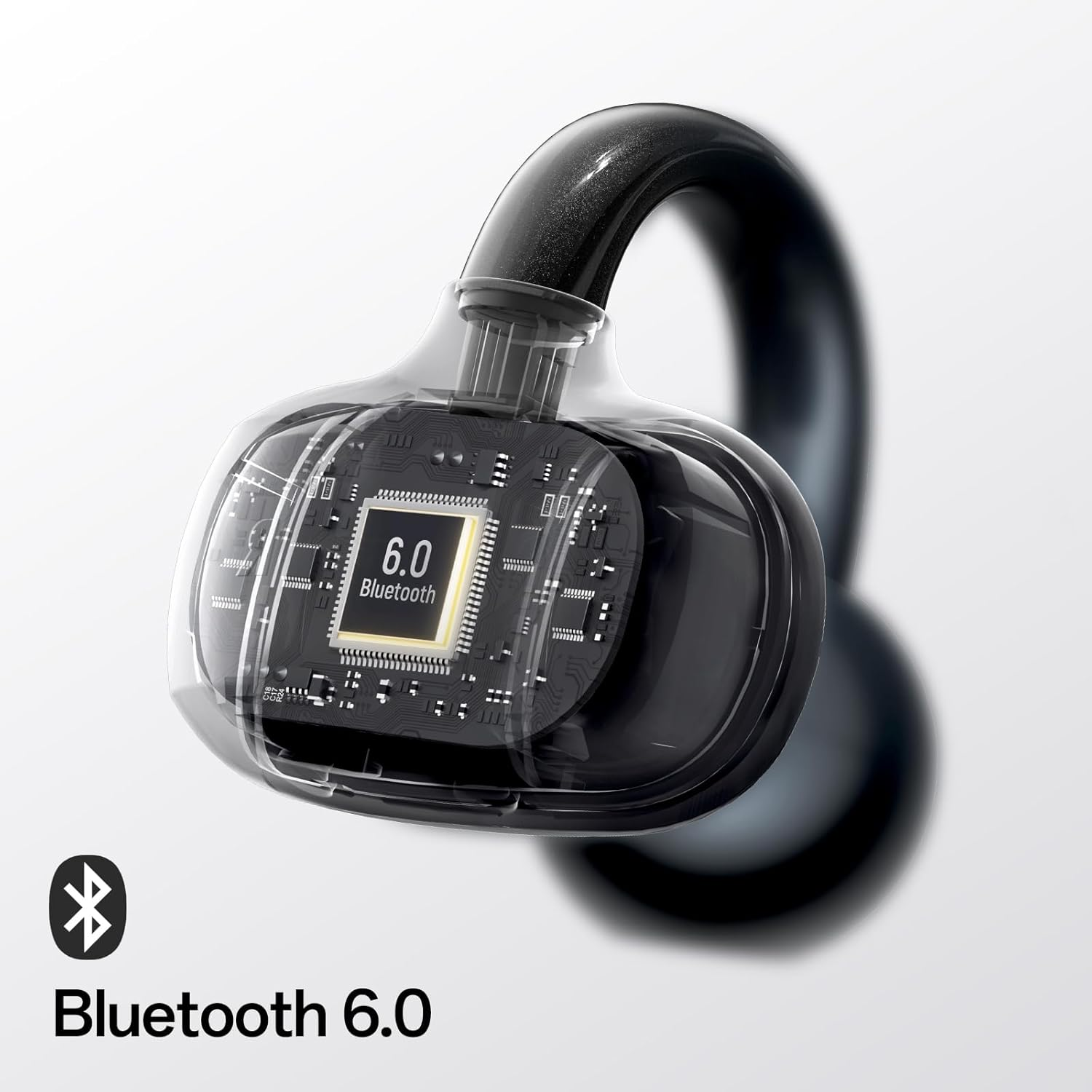 Cuffie wireless nere con logo Bluetooth 6.0. Mostra i componenti interni. Sfondo chiaro e un simbolo bluetooth.