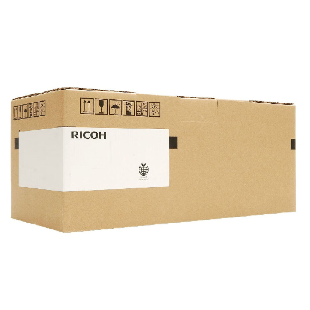 Kartownica z logo 'RICOH' i symbolami wysyłki. Pudełko jest brązowe z białą etykietą z przodu.