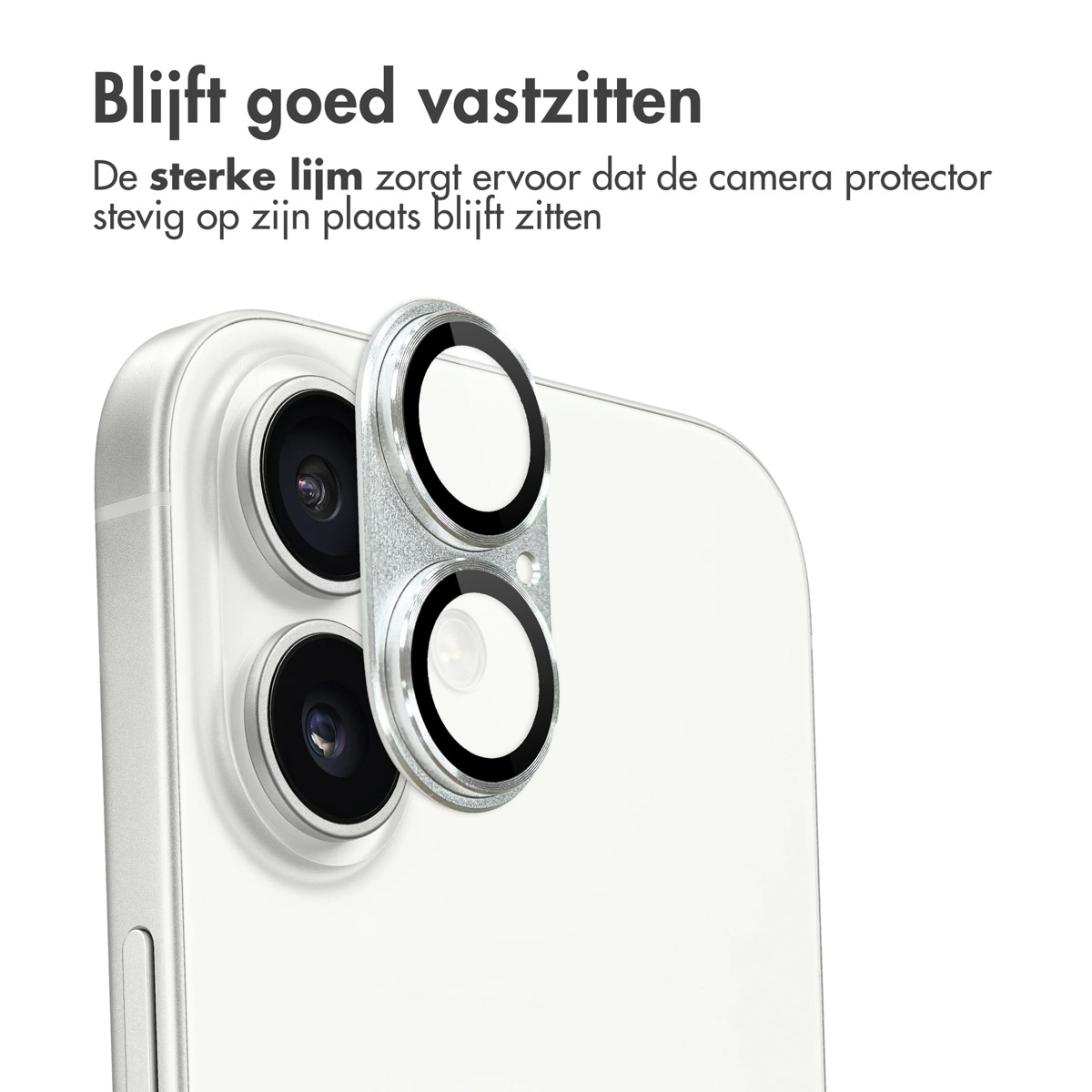A phone with camera lens protector. The protector has three circles, and is placed next to the phone's camera lenses. White background.