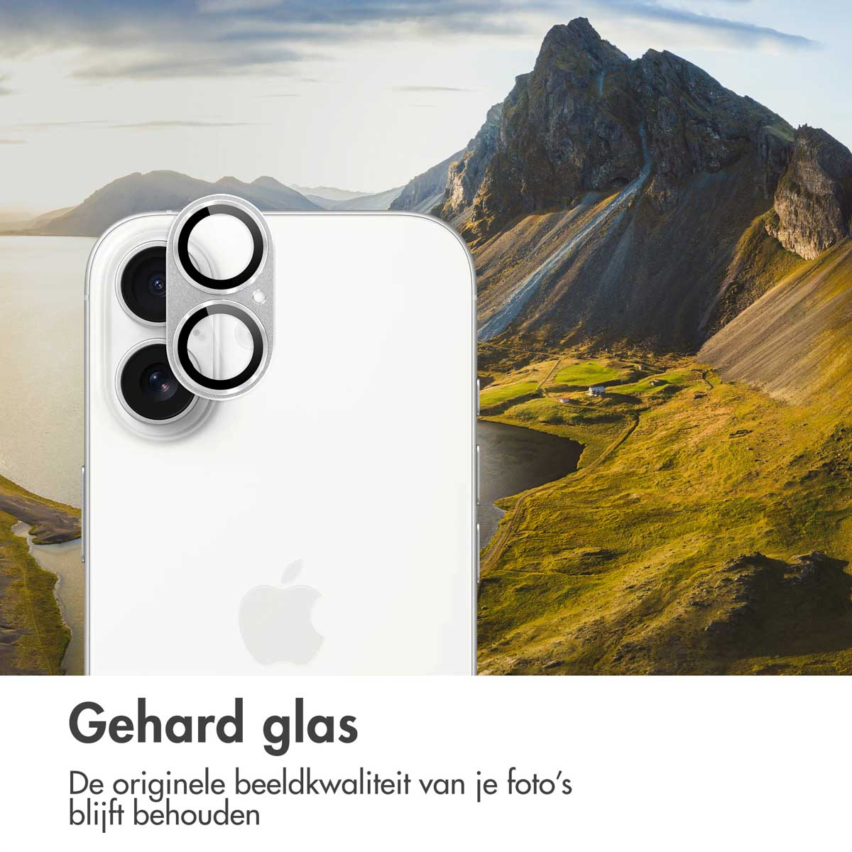 A phone with lens protector overlayed on a mountain landscape. Text at the bottom: 'Gehard glas, De originele beeldkwaliteit van je foto's blijft behouden.'