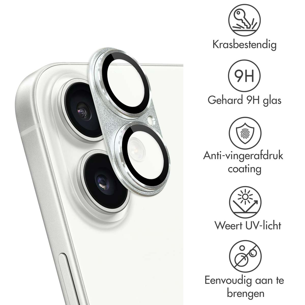 A close-up view of a phone's camera lenses with a protective cover. Text highlights features like scratch resistance and UV protection.