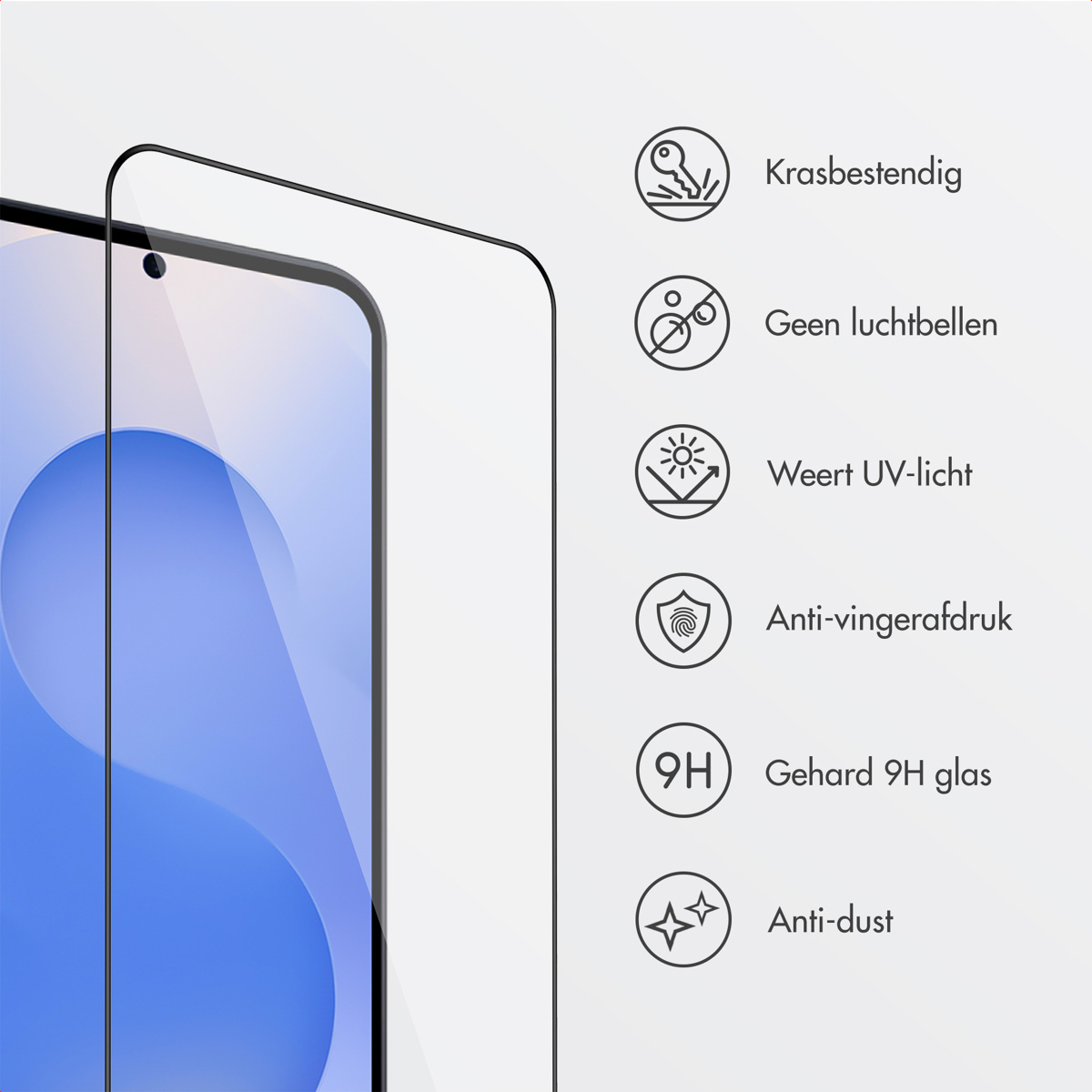 Un proteggi schermo per telefono mostra caratteristiche: antigraffio, senza bolle, protezione UV, anti-impronte, vetro 9H e anti-polvere.