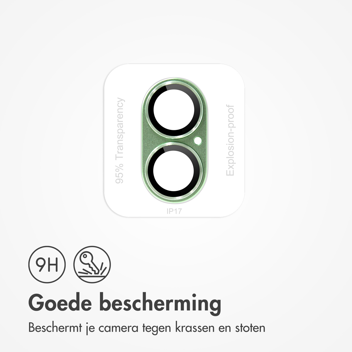 A phone camera protector with two circular lenses. Text includes '95% Transparency', 'Explosion-proof', and 'Goede bescherming'.