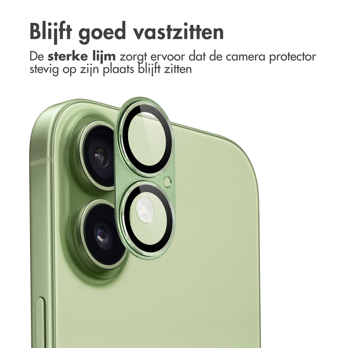 A close-up of a green phone with camera protectors. The text says 'Stays put'. The protector is black and transparent.